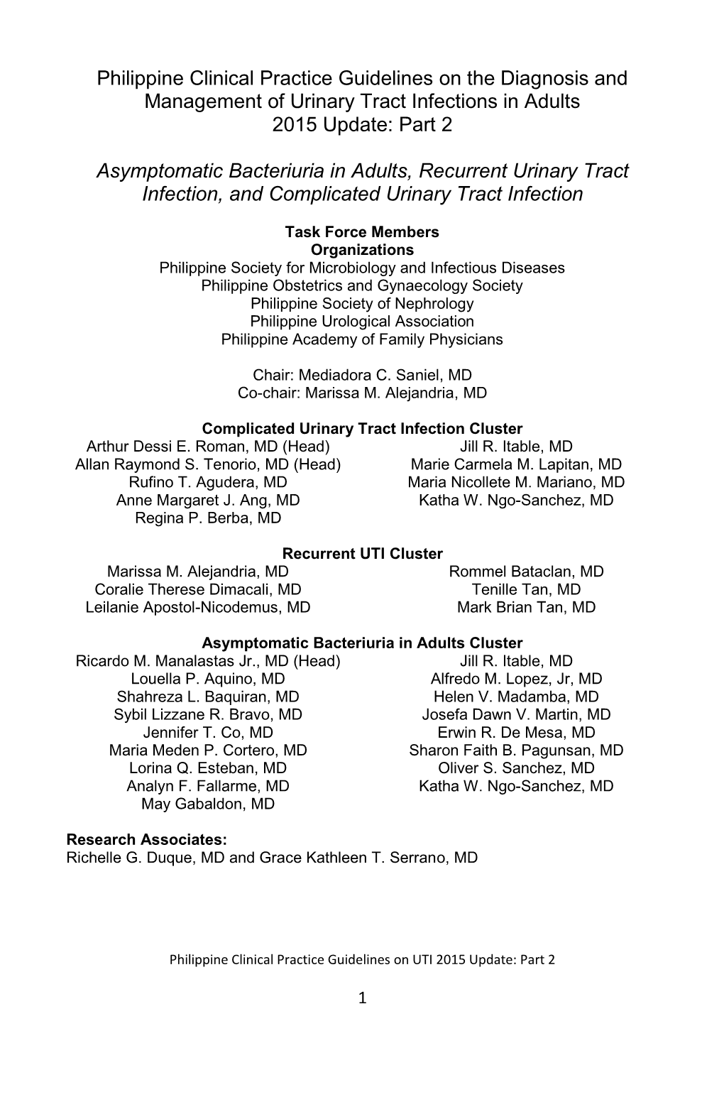 Philippine Clinical Practice Guidelines on the Diagnosis and Management of Urinary Tract Infections in Adults 2015 Update: Part 2