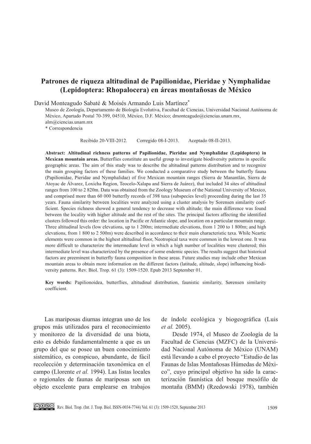 Patrones De Riqueza Altitudinal De Papilionidae, Pieridae Y Nymphalidae (Lepidoptera: Rhopalocera) En Áreas Montañosas De México