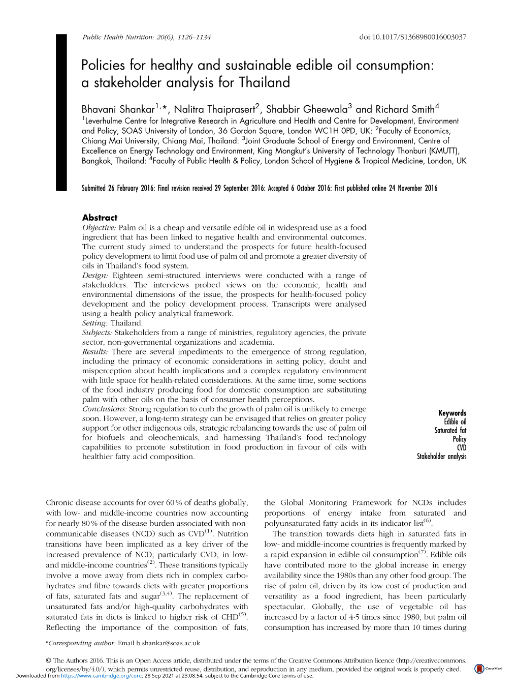 Policies for Healthy and Sustainable Edible Oil Consumption: a Stakeholder Analysis for Thailand