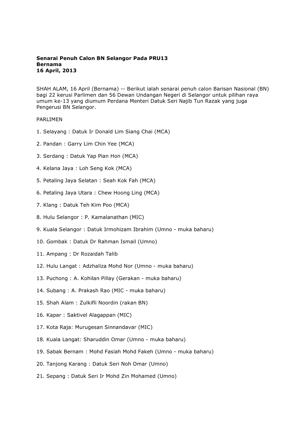 Senarai Penuh Calon BN Selangor Pada PRU13 Bernama 16 April, 2013