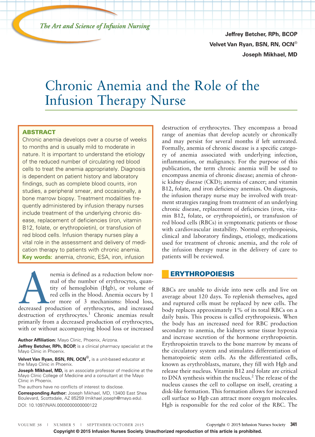 Chronic Anemia and the Role of the Infusion Therapy Nurse