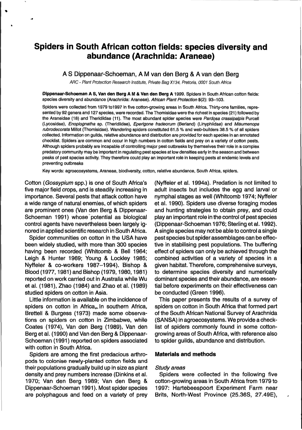 Spiders in South African Cotton Fields: Species Diversity and Abundance (Arachnida: Araneae)