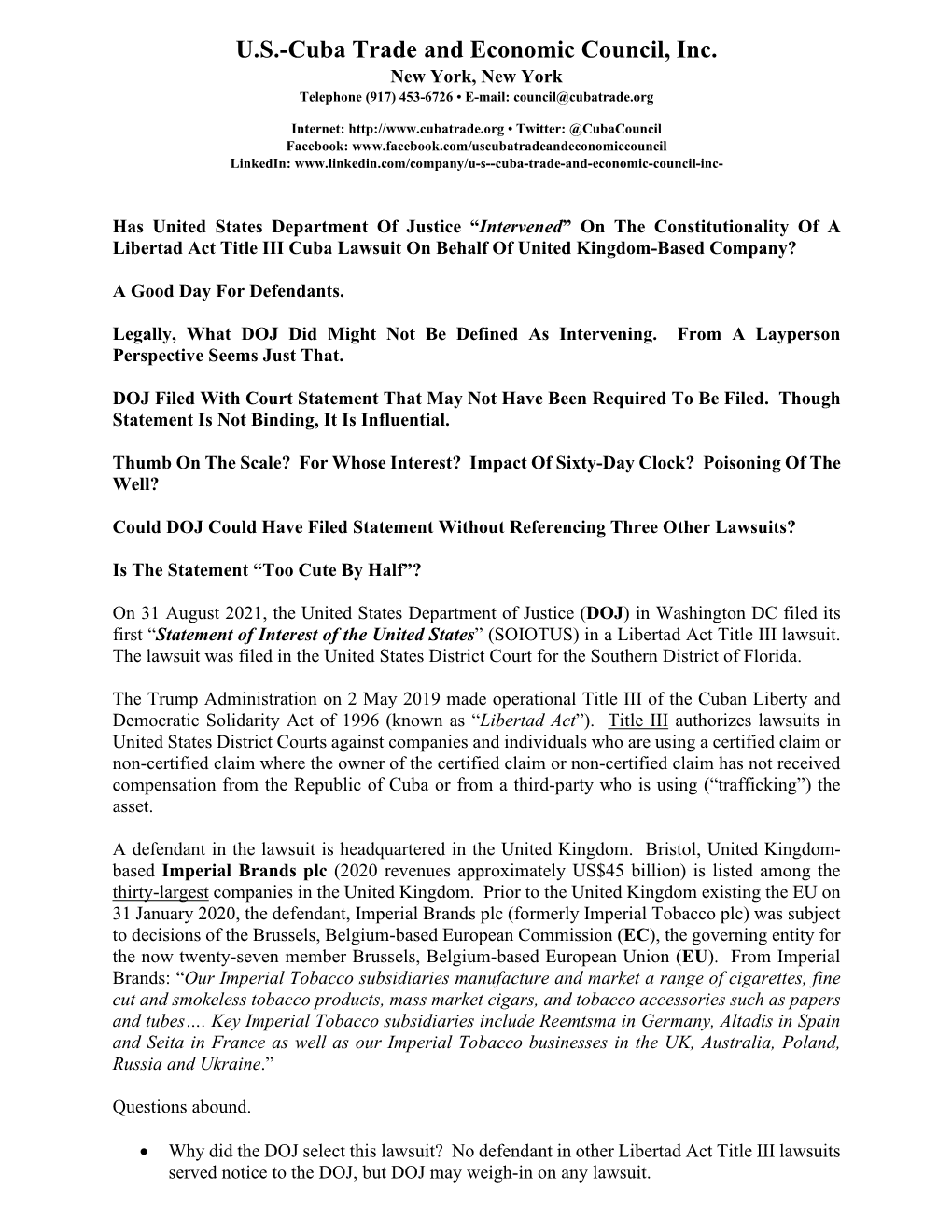 U.S.-Cuba Trade and Economic Council, Inc. New York, New York Telephone (917) 453-6726 • E-Mail: Council@Cubatrade.Org