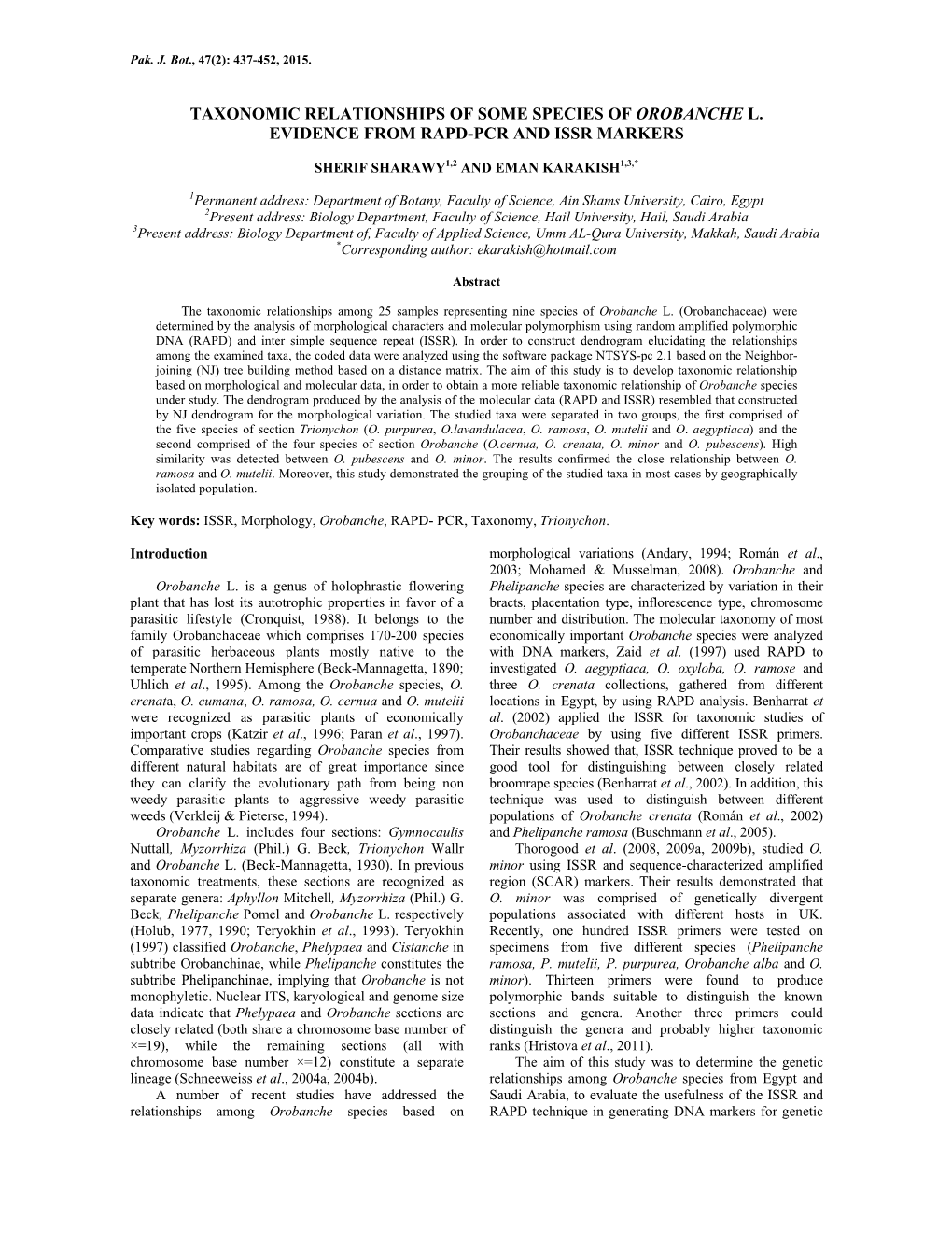 Taxonomic Relationships of Some Species of Orobanche L. Evidence from Rapd-Pcr and Issr Markers