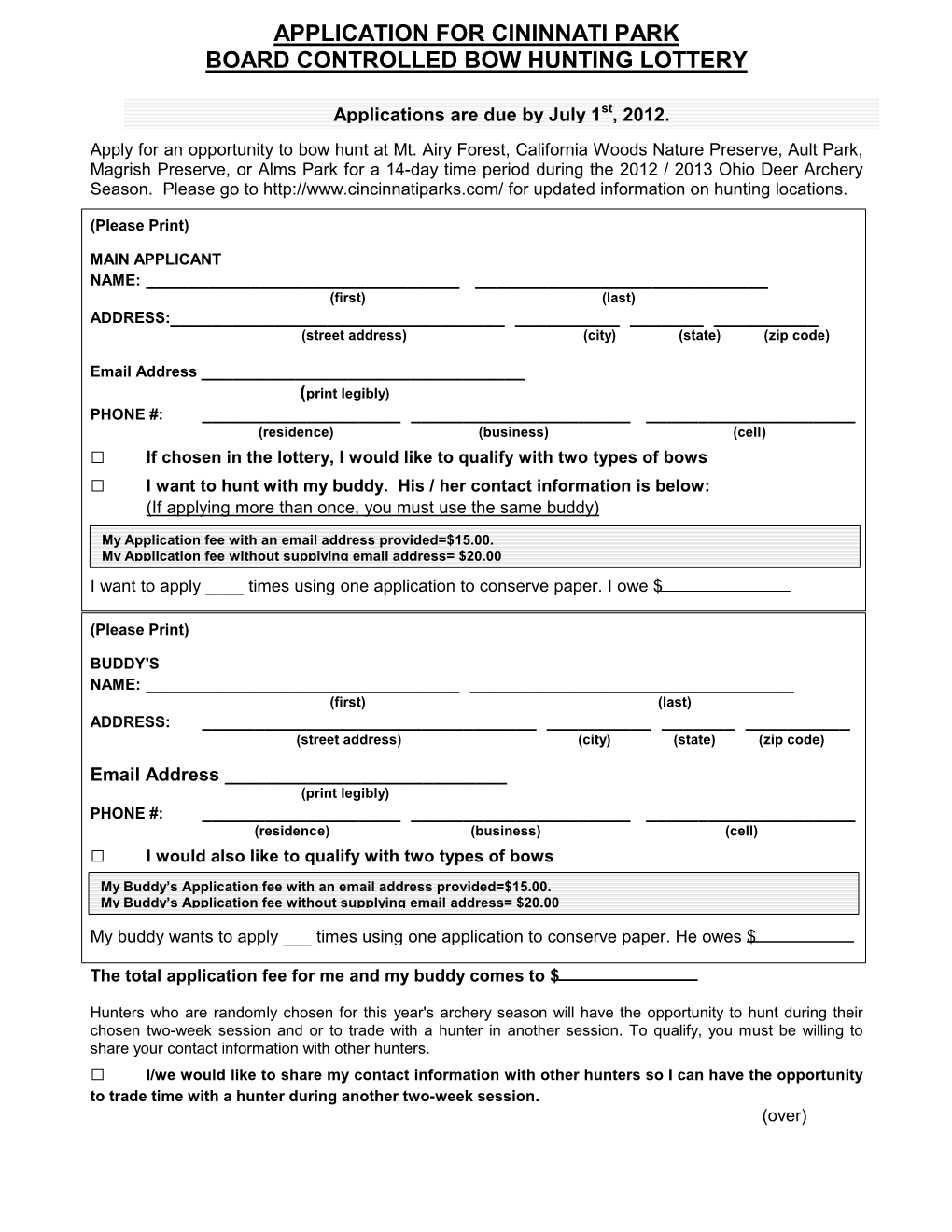 Application for Cininnati Park Board Controlled Bow Hunting Lottery