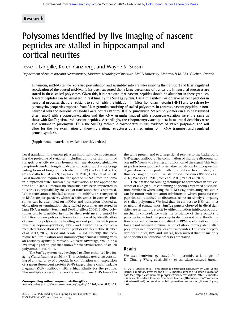 Polysomes Identified by Live Imaging of Nascent Peptides Are Stalled in Hippocampal and Cortical Neurites