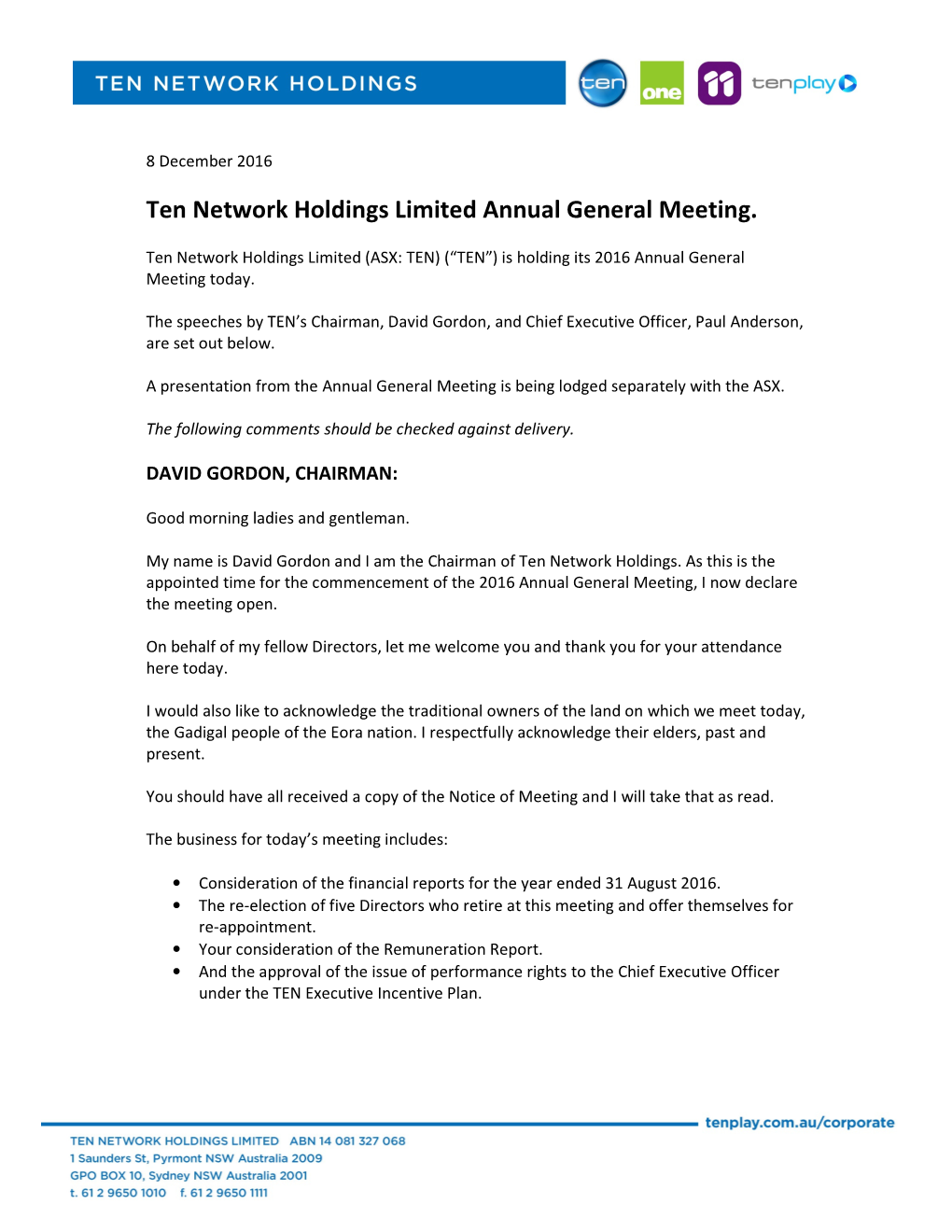 Ten Network Holdings Limited Annual General Meeting