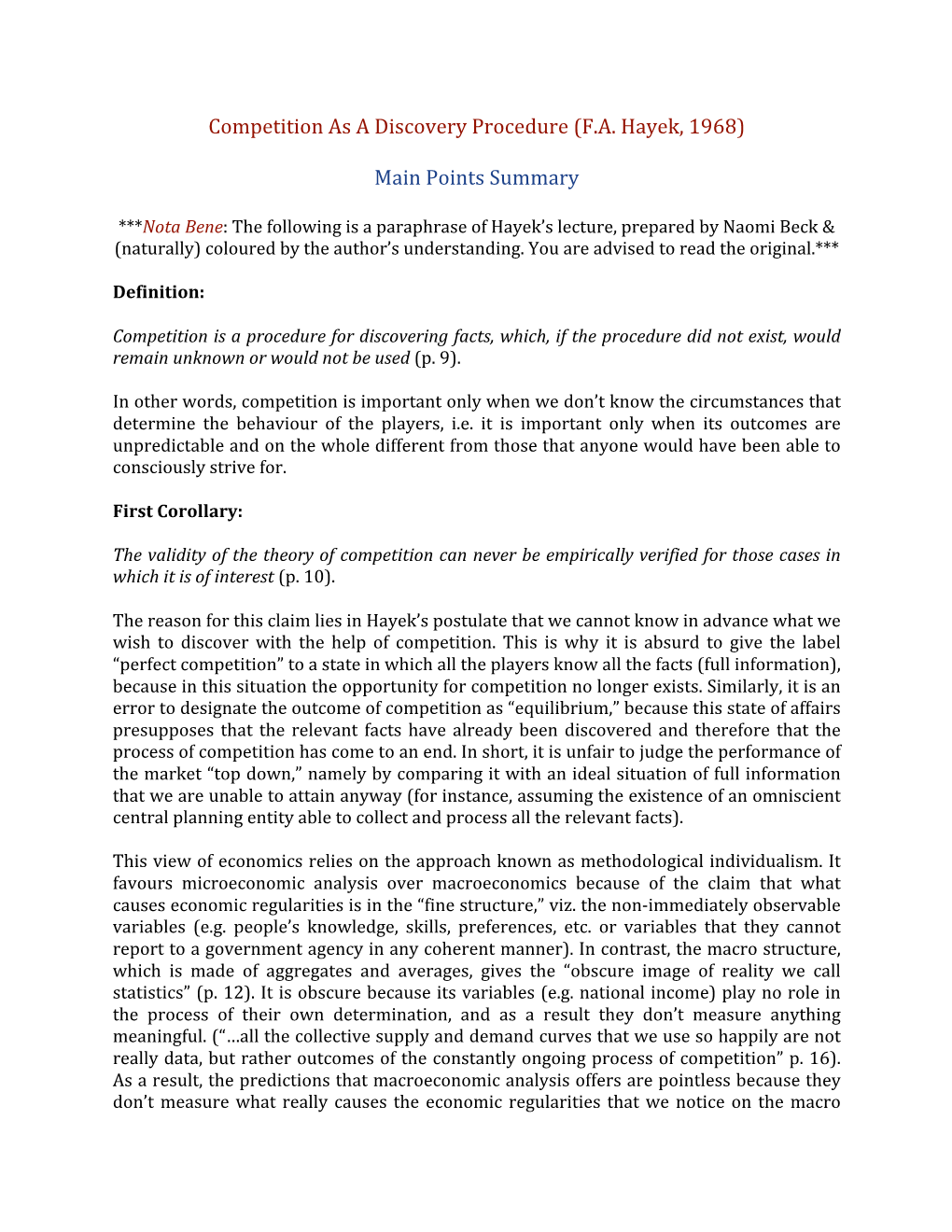 Competition As a Discovery Procedure (F.A. Hayek, 1968) Main Points Summary