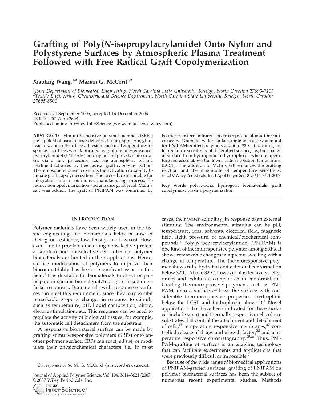 Grafting of Poly(N-Isopropylacrylamide) Onto Nylon and Polystyrene Surfaces by Atmospheric Plasma Treatment Followed with Free Radical Graft Copolymerization