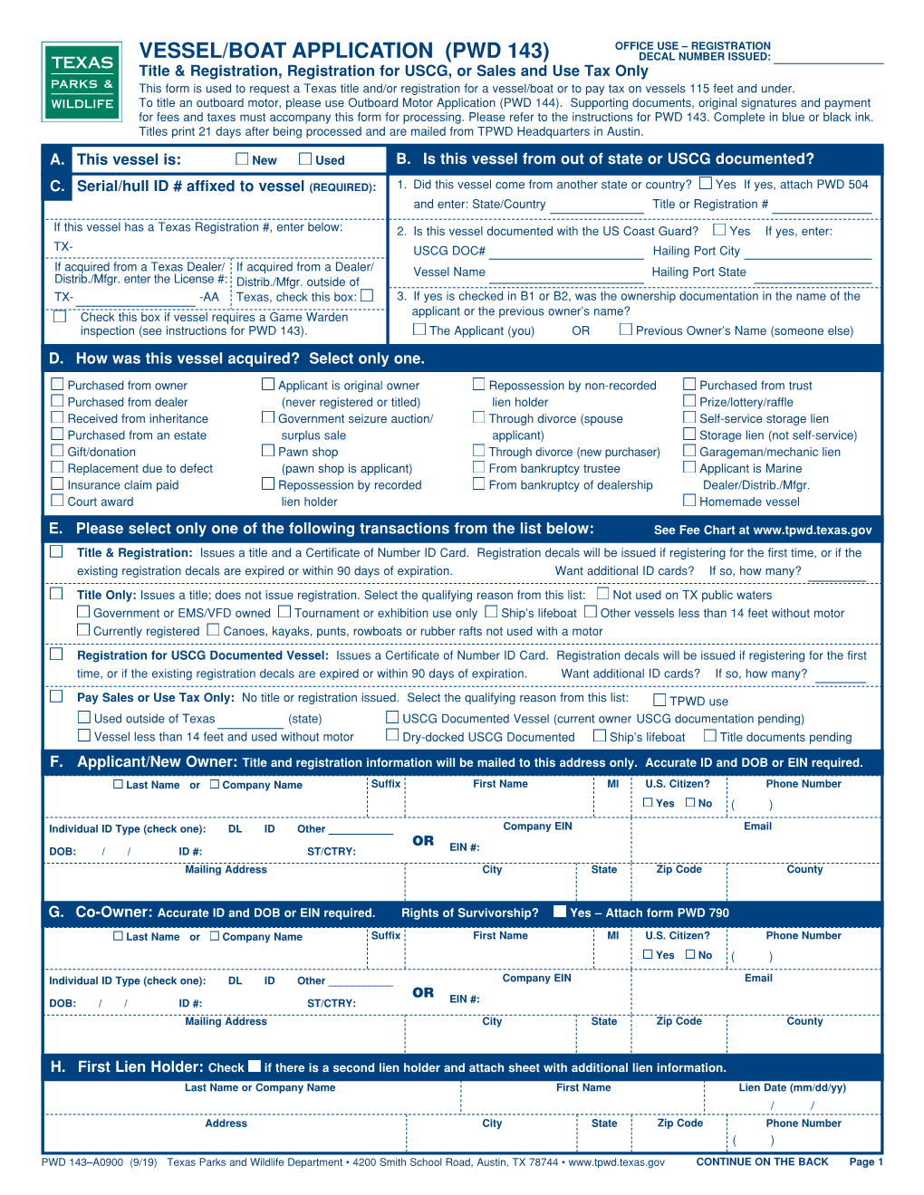 Vessel/Boat Application (PWD 143)