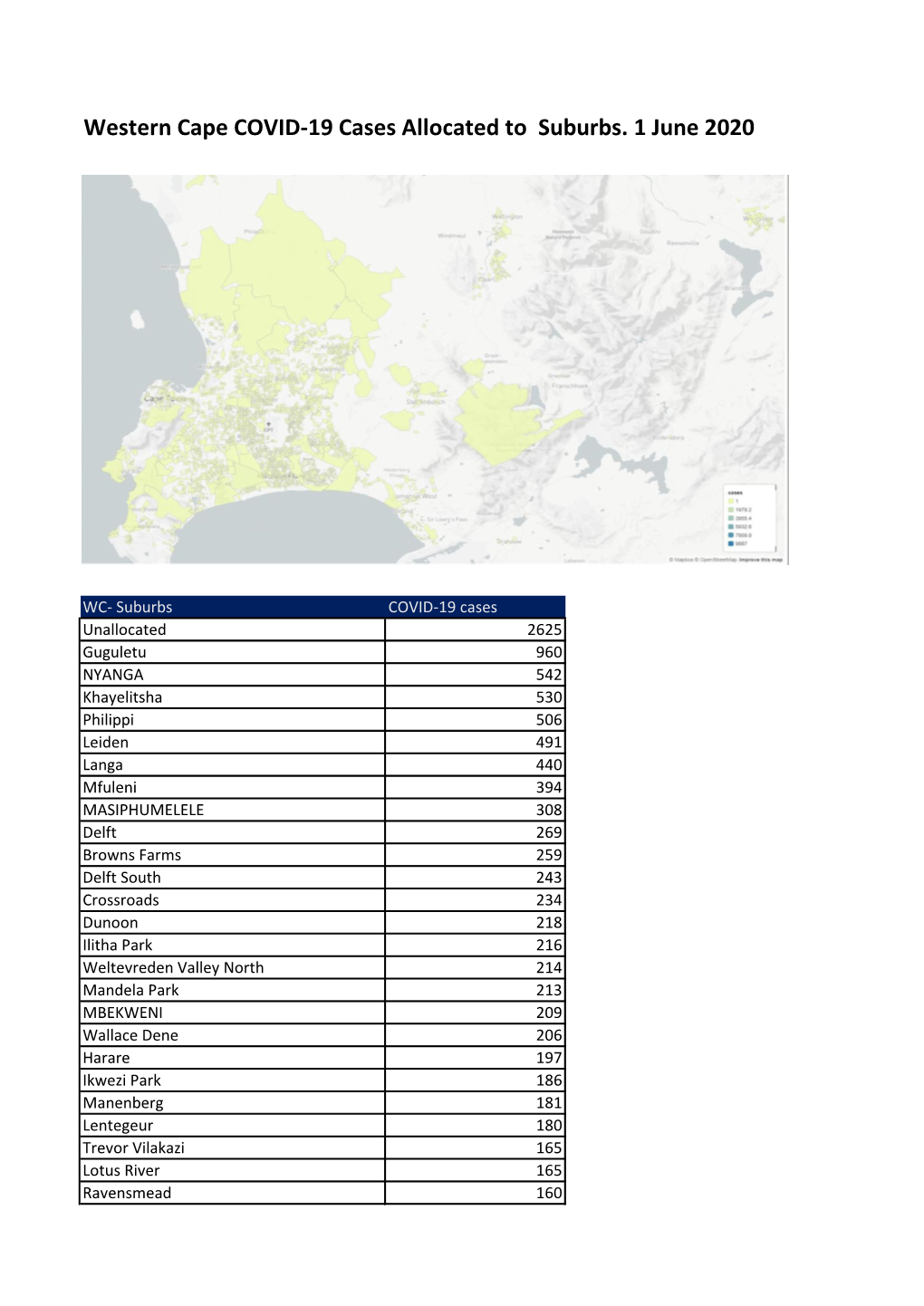 Western Cape COVID-19 Cases Allocated to Suburbs. 1 June 2020