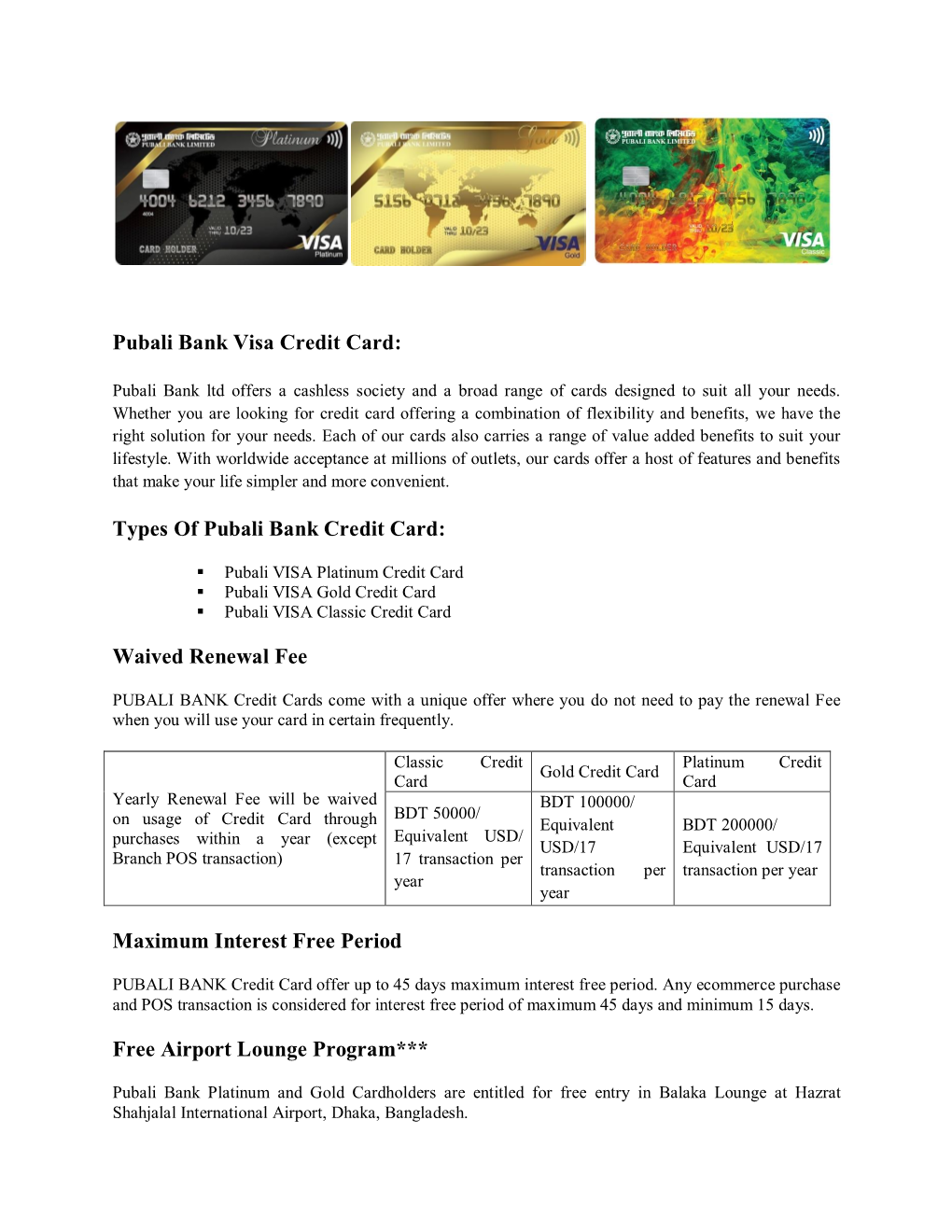 Pubali Bank Visa Credit Card