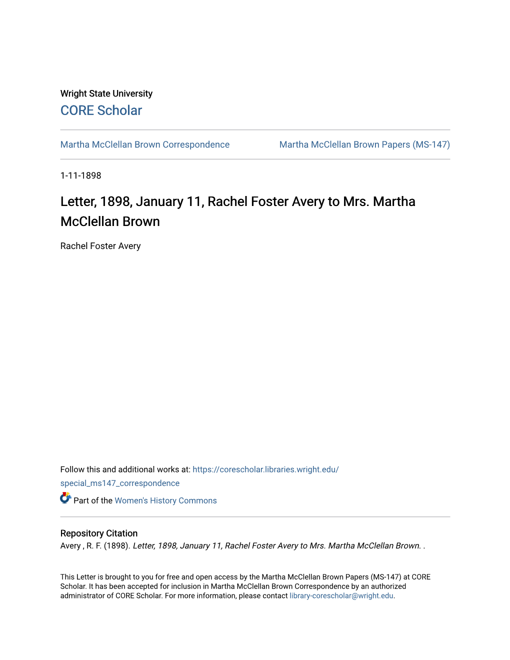 Letter, 1898, January 11, Rachel Foster Avery to Mrs. Martha Mcclellan Brown