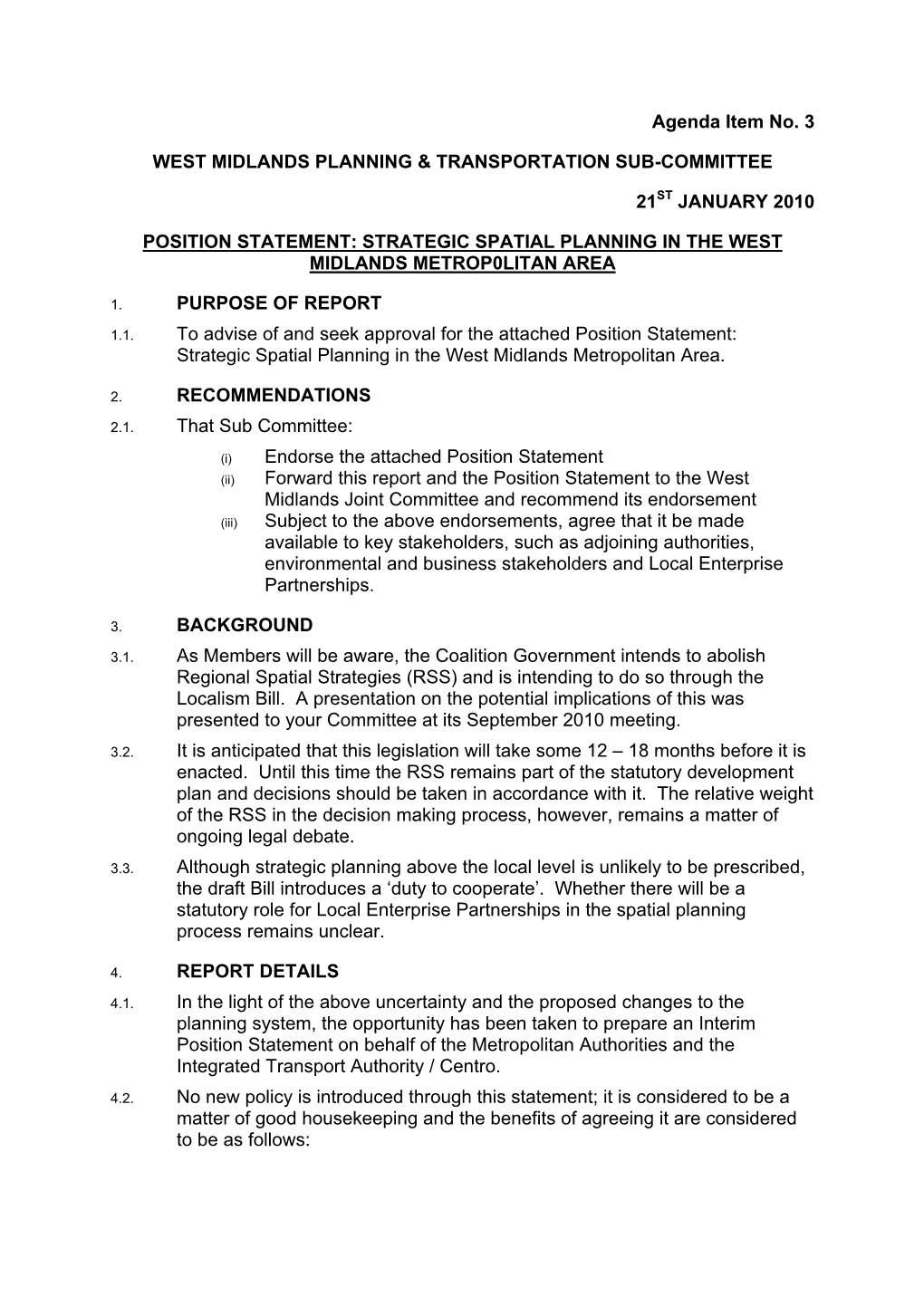 Position Statement: Strategic Spatial Planning in the West Midlands Metrop0litan Area