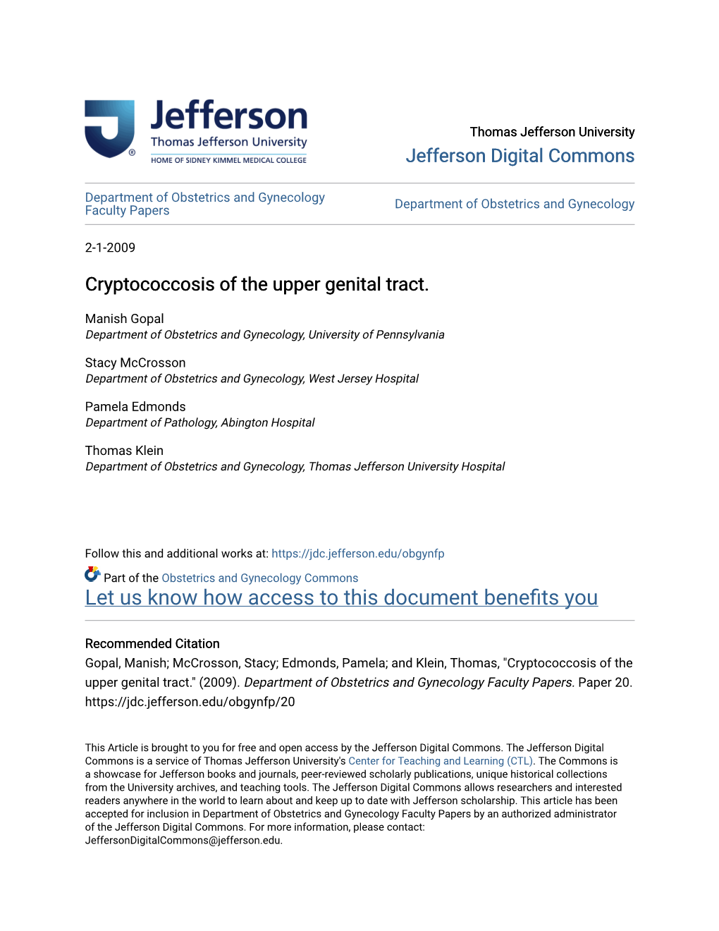 Cryptococcosis of the Upper Genital Tract