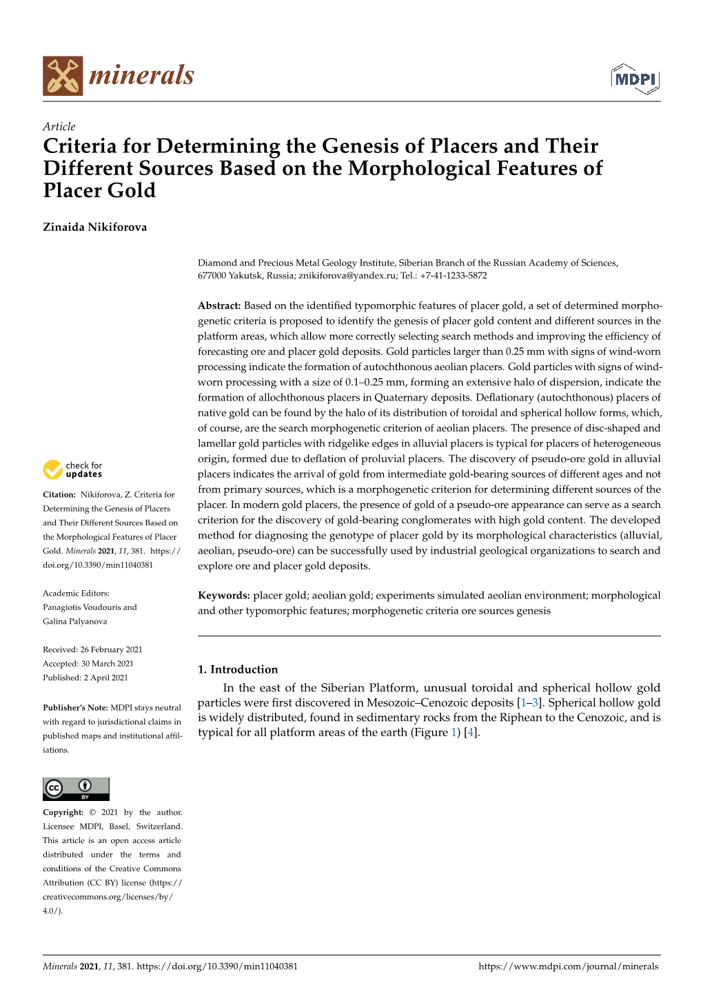 Criteria for Determining the Genesis of Placers and Their Different Sources Based on the Morphological Features of Placer Gold