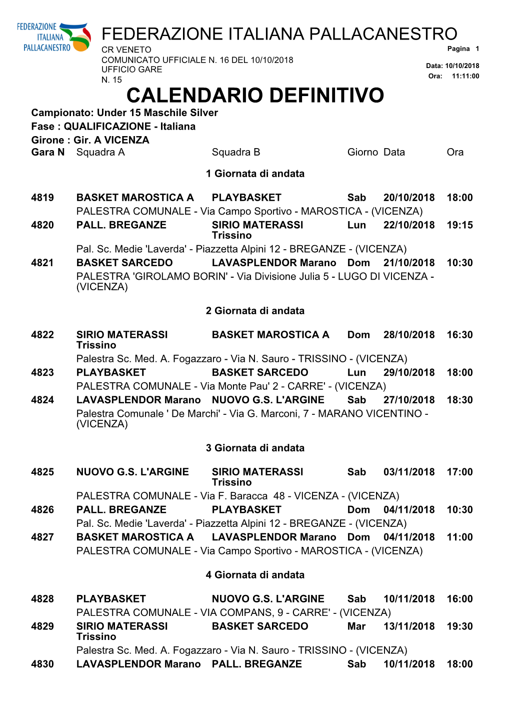 CALENDARIO DEFINITIVO Campionato: Under 15 Maschile Silver Fase : QUALIFICAZIONE - Italiana Girone : Gir