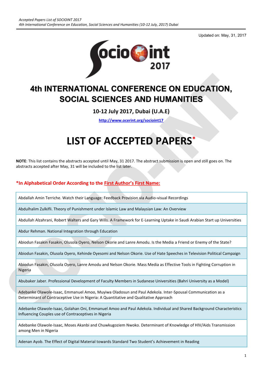 List of Accepted Papers*