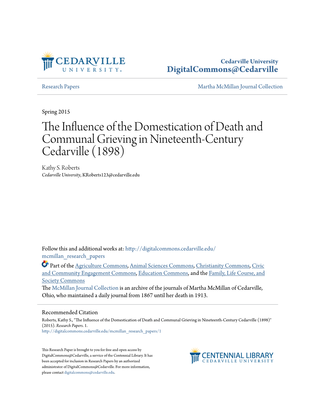 The Influence of the Domestication of Death and Communal Grieving in Nineteenth-Century Cedarville (1898 – September-December)