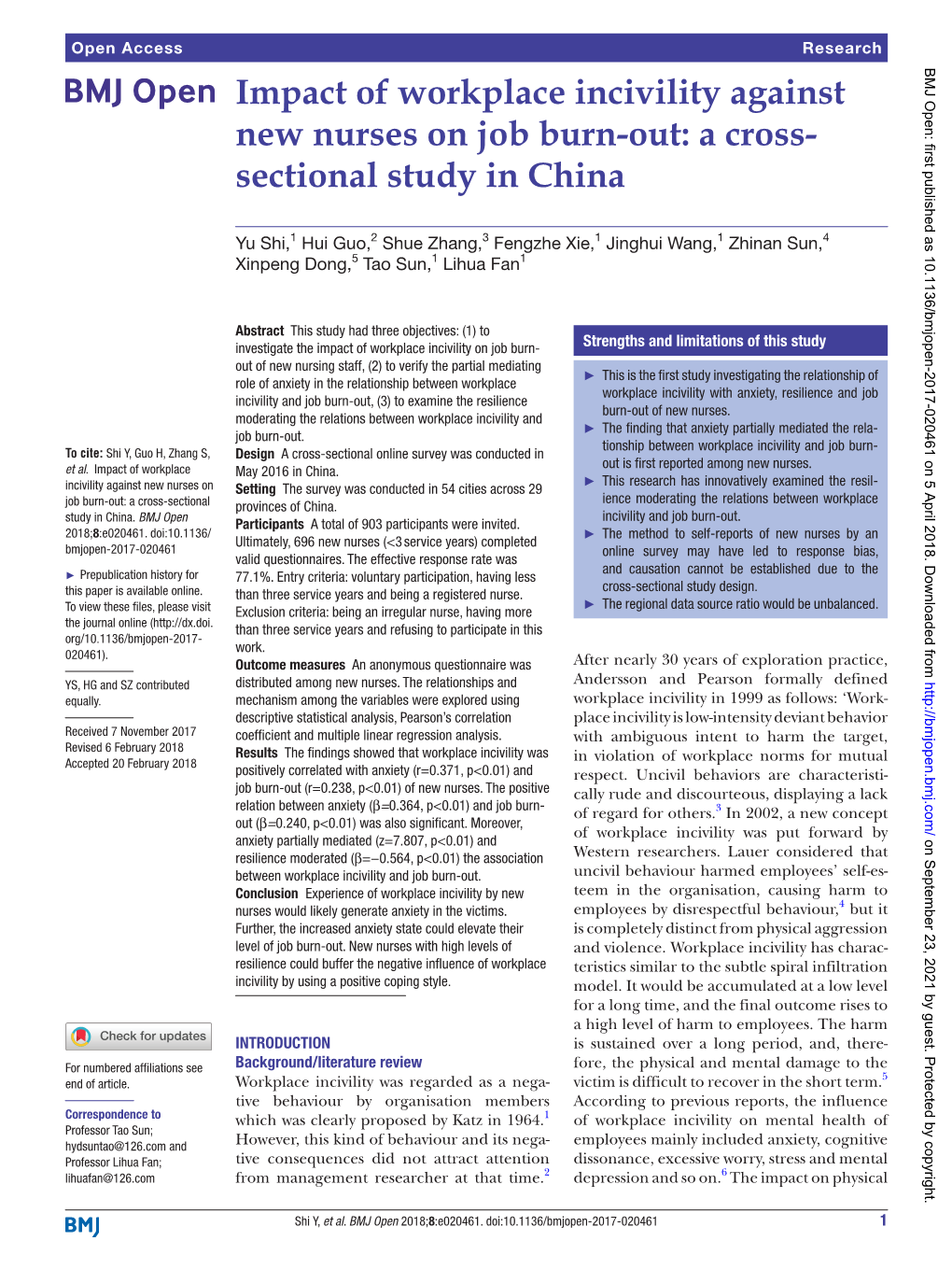 Impact of Workplace Incivility Against New Nurses on Job Burn-Out: a Cross- Sectional Study in China