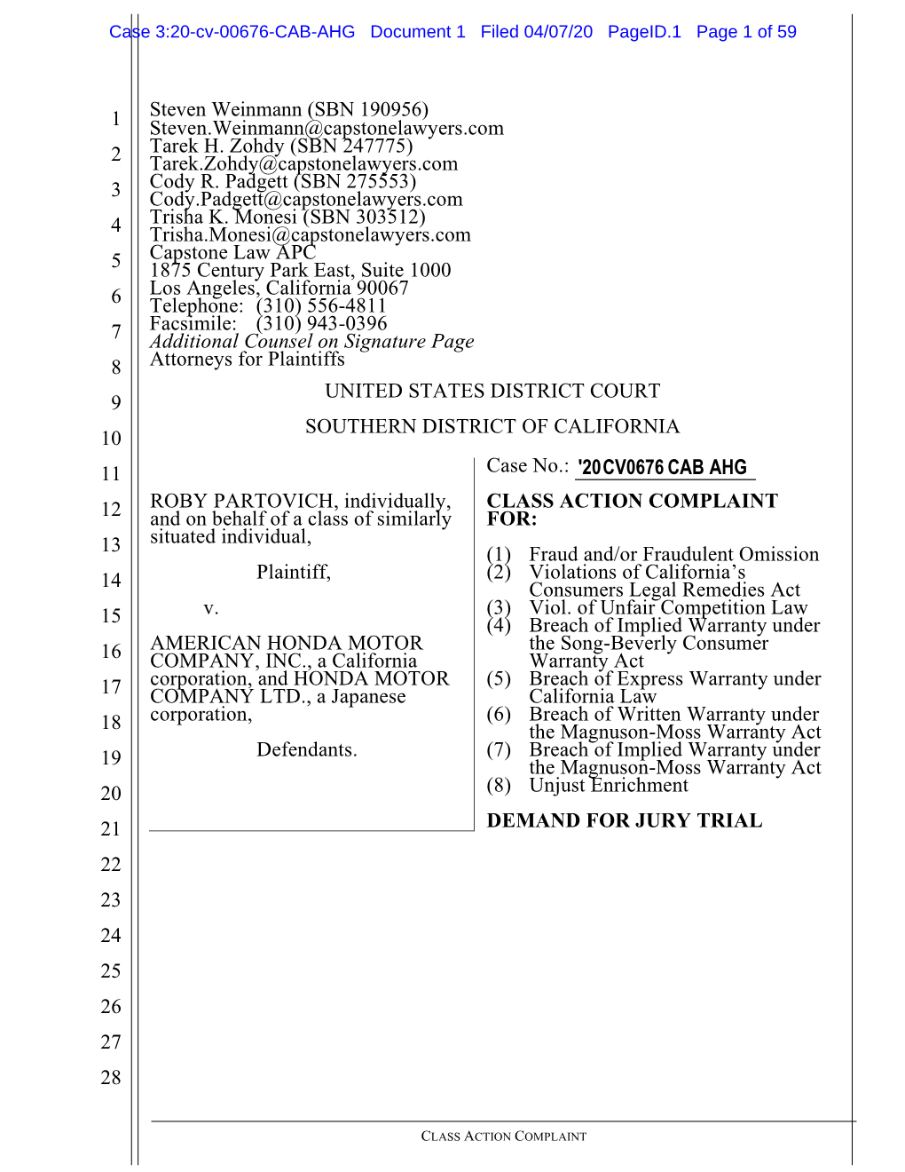 Partovich V. American Honda Motor Company, Inc. Et