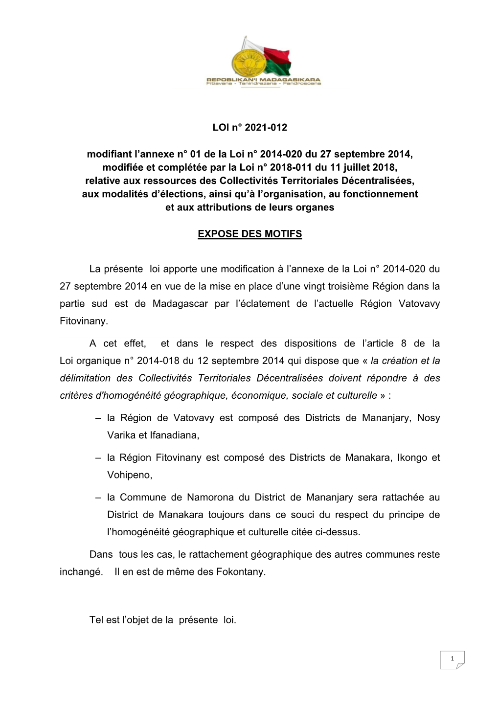 LOI N° 2021-012 Modifiant L'annexe N° 01 De La Loi N° 2014-020 Du 27