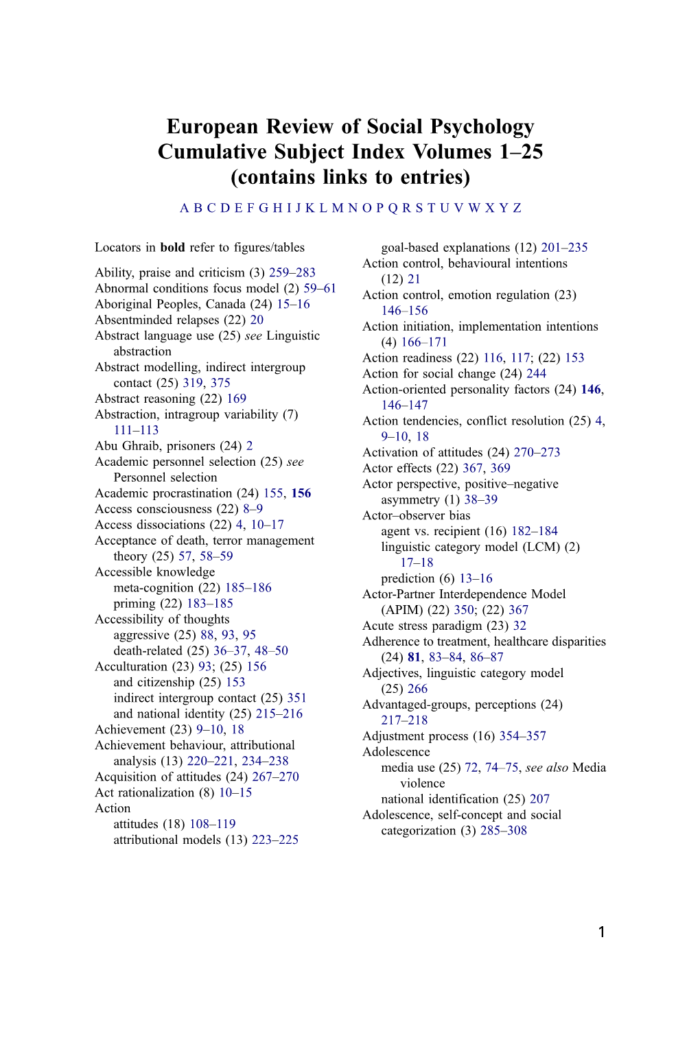 Cumulative Subject Index Volumes 1–25 (Contains Links to Entries) ABCDEFGHIJKLMNOPQRSTUVWXYZ