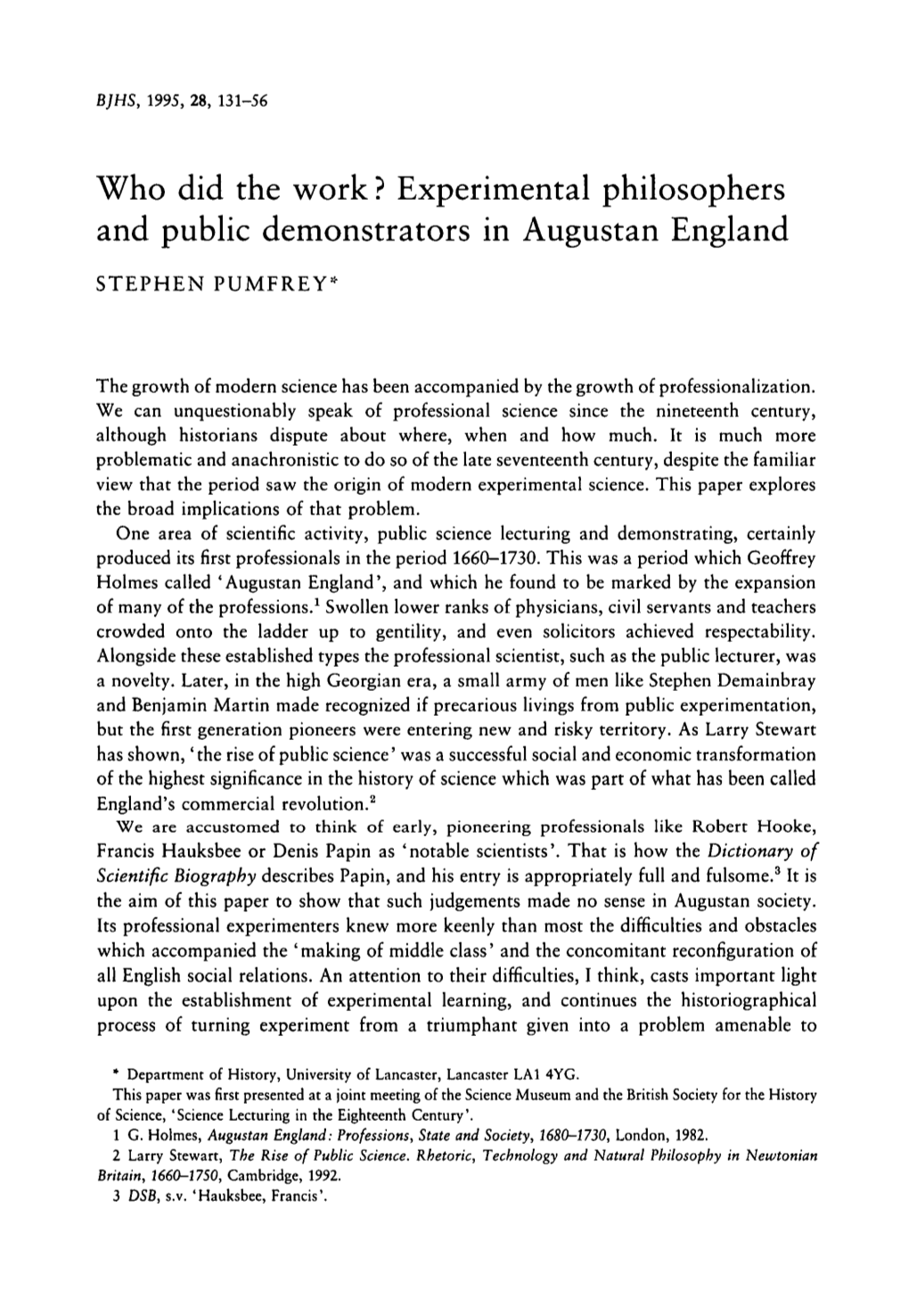 Experimental Philosophers and Public Demonstrators in Augustan England