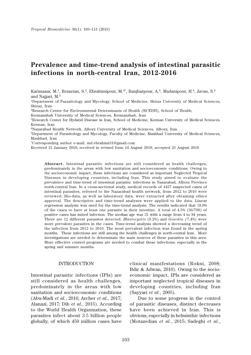 Prevalence and Time-Trend Analysis of Intestinal Parasitic Infections in North-Central Iran, 2012-2016