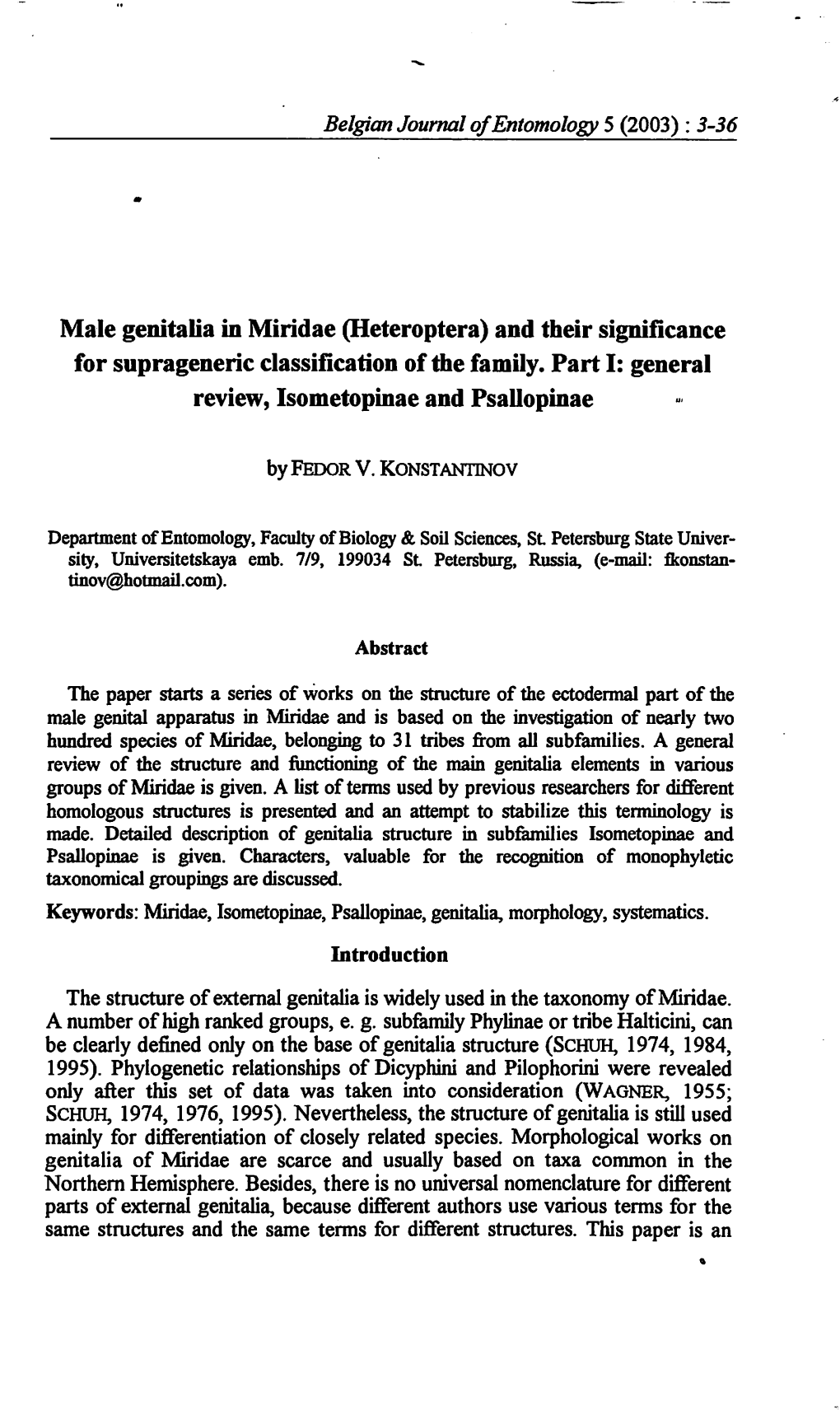 Male Genitalia in Miridae (Heteroptera) and Their Significance for Suprageneric Classification of the Family