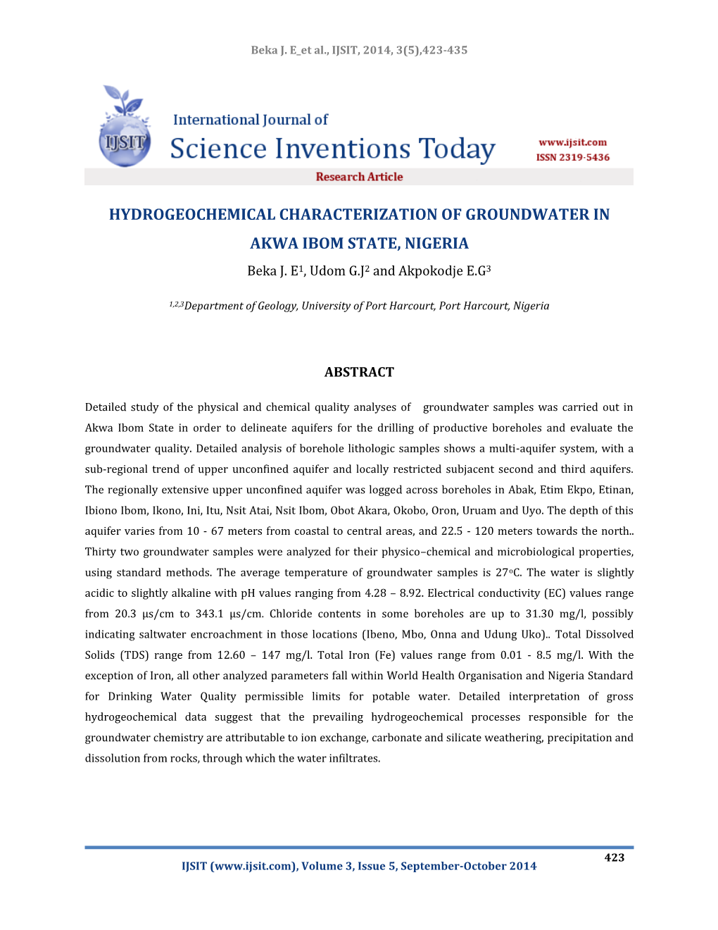 HYDROGEOCHEMICAL CHARACTERIZATION of GROUNDWATER in AKWA IBOM STATE, NIGERIA Beka J