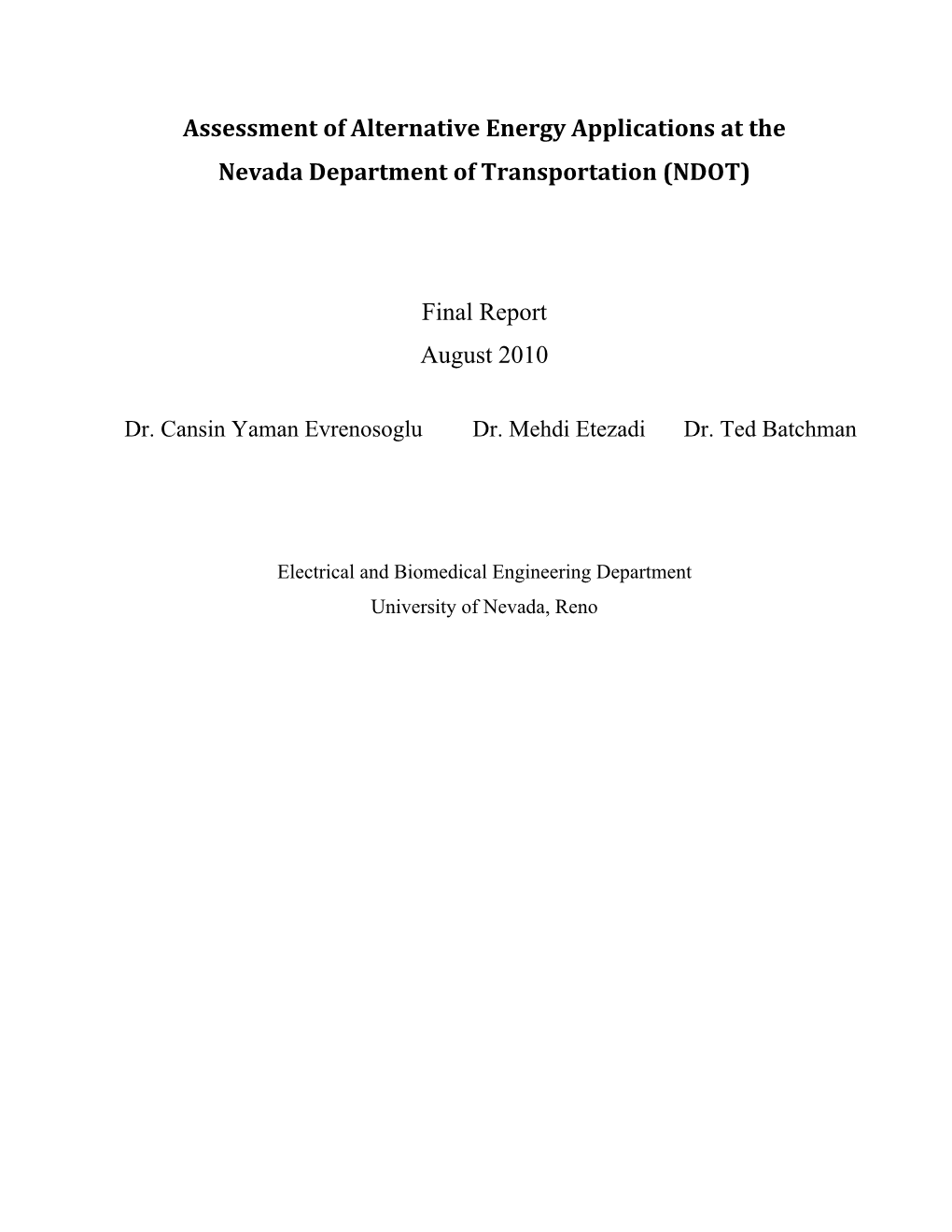 Assessment of Alternative Energy Applications at the Nevada Department of Transportation (NDOT) Final Report Augus