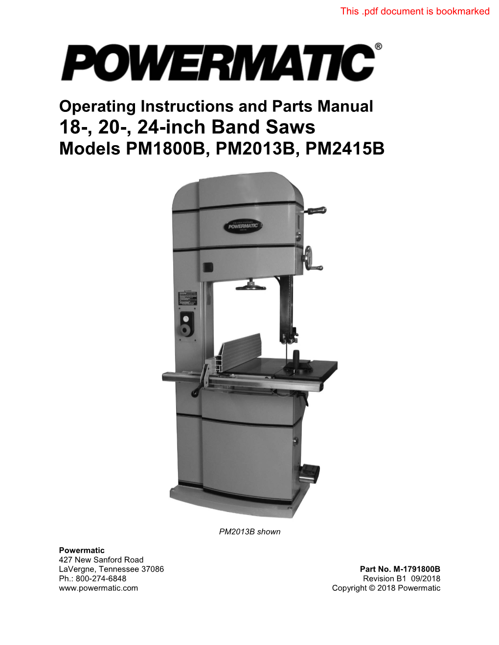 18-, 20-, 24-Inch Band Saws Models PM1800B, PM2013B, PM2415B