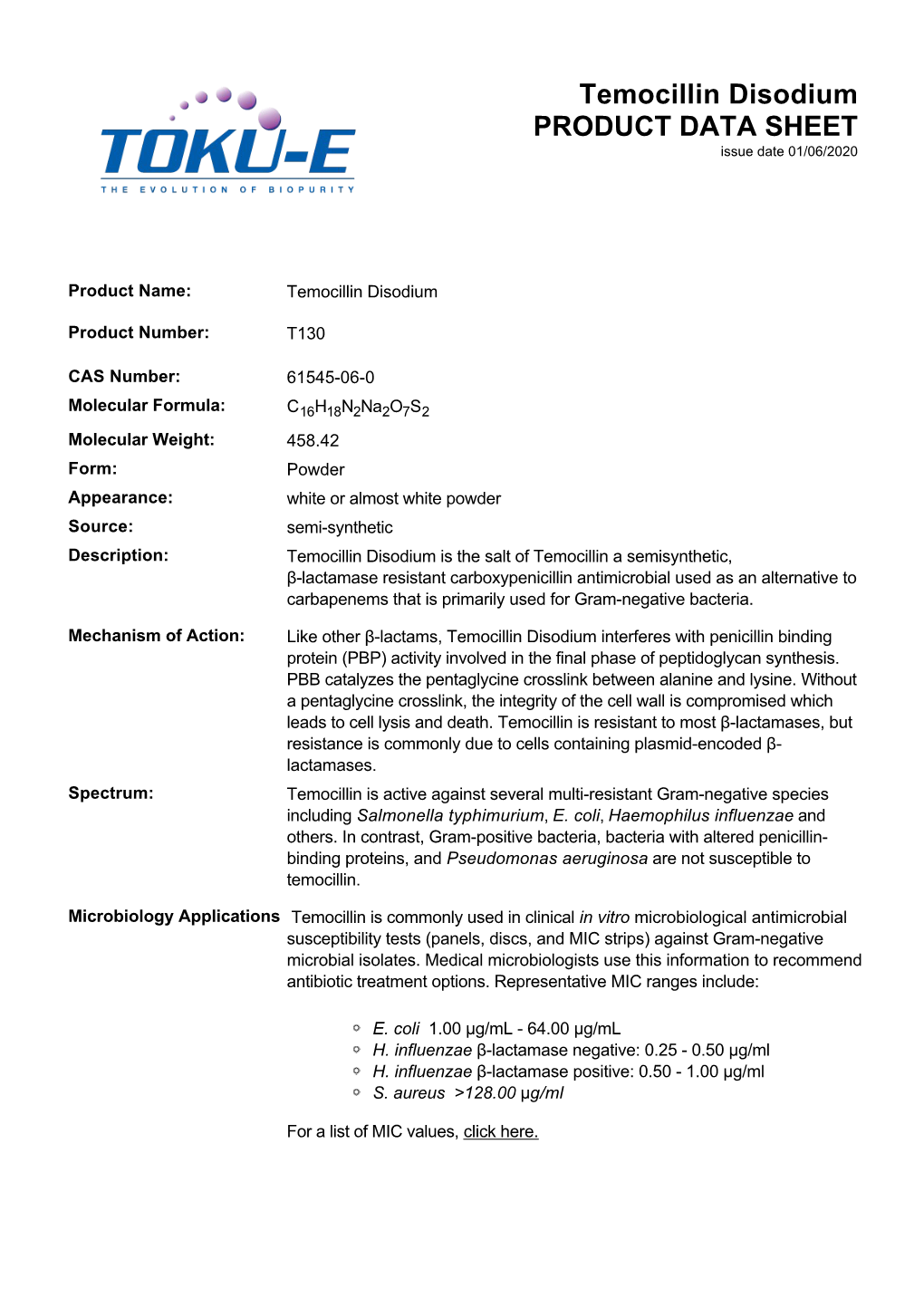 Temocillin Disodium PRODUCT DATA SHEET Issue Date 01/06/2020