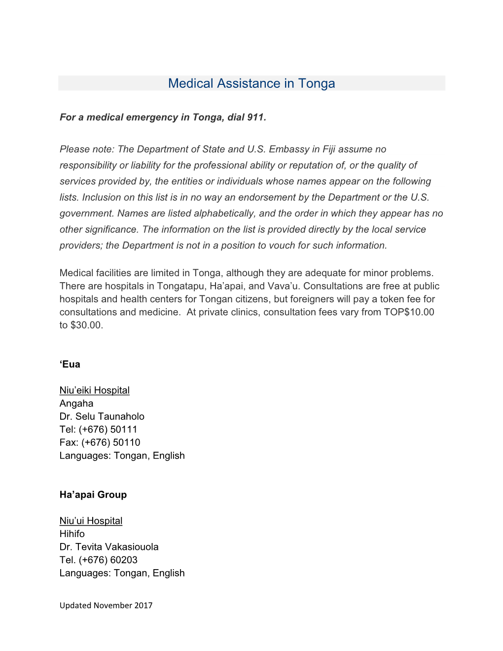 Medical Assistance in Tonga