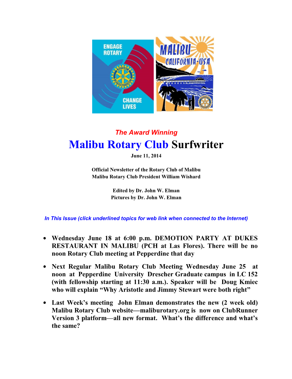 Malibu Rotary Club Surfwriter June 11, 2014