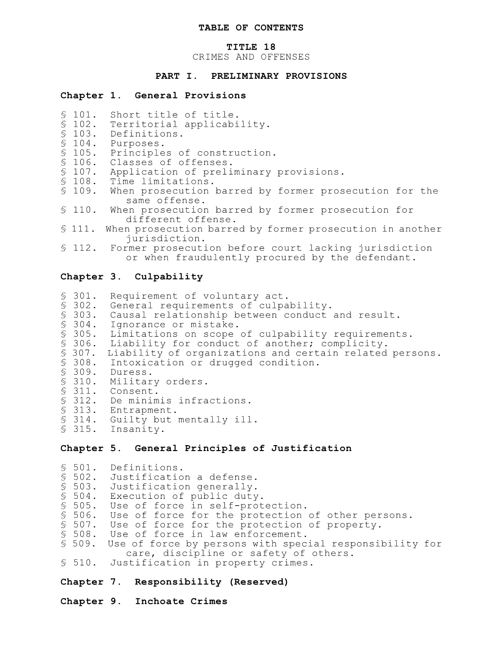 Table of Contents Title 18 Crimes and Offenses Part I