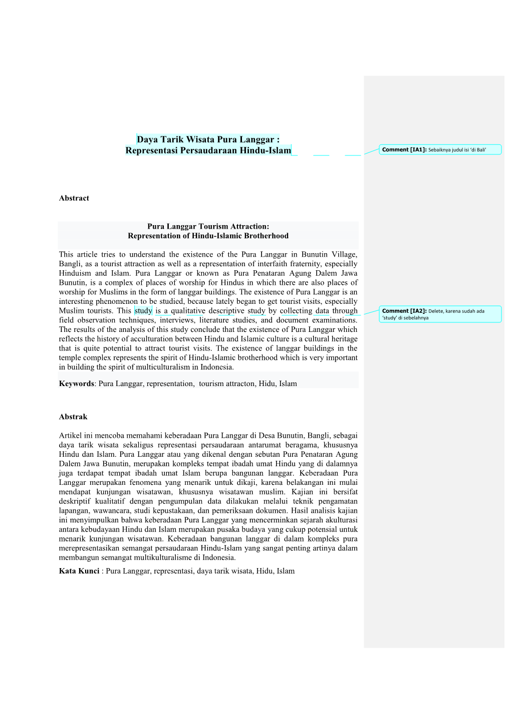 Daya Tarik Wisata Pura Langgar : Representasi Persaudaraan Hindu-Islam Comment [IA1]: Sebaiknya Judul Isi ‘Di Bali’