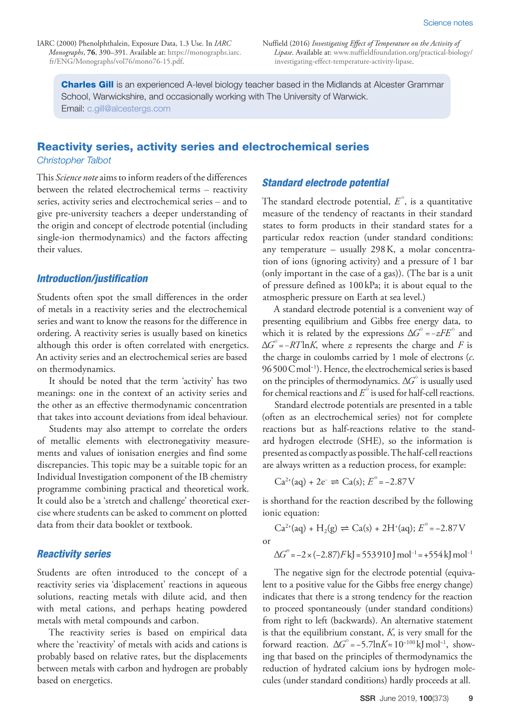 Reactivity Series, Activity Series and Electrochemical Series Christopher Talbot