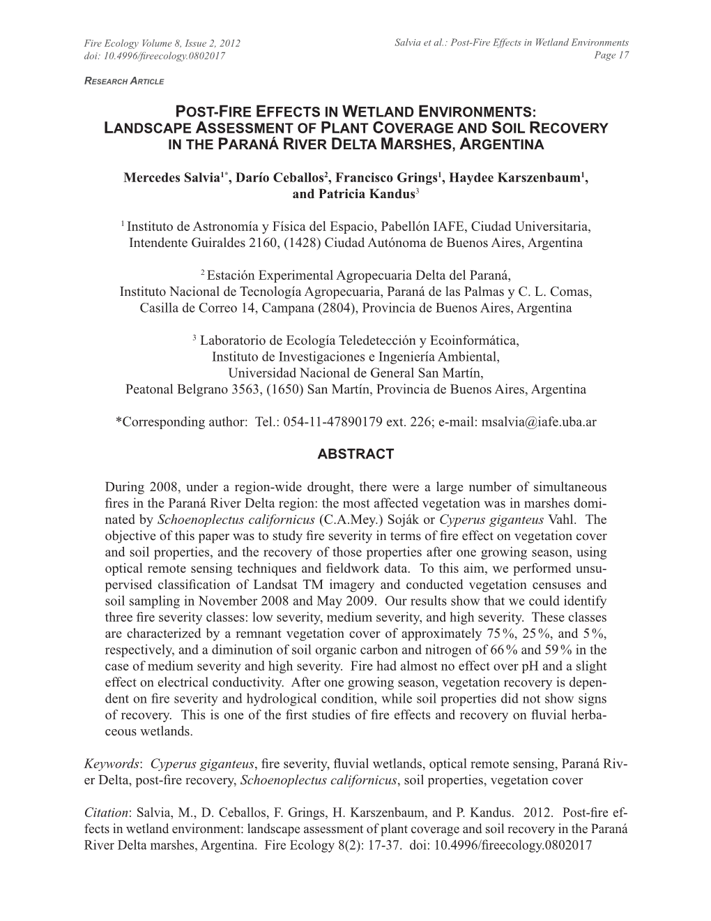 Post-Fire Effects in Wetland Environments Doi: 10.4996/Fireecology.0802017 Page 17