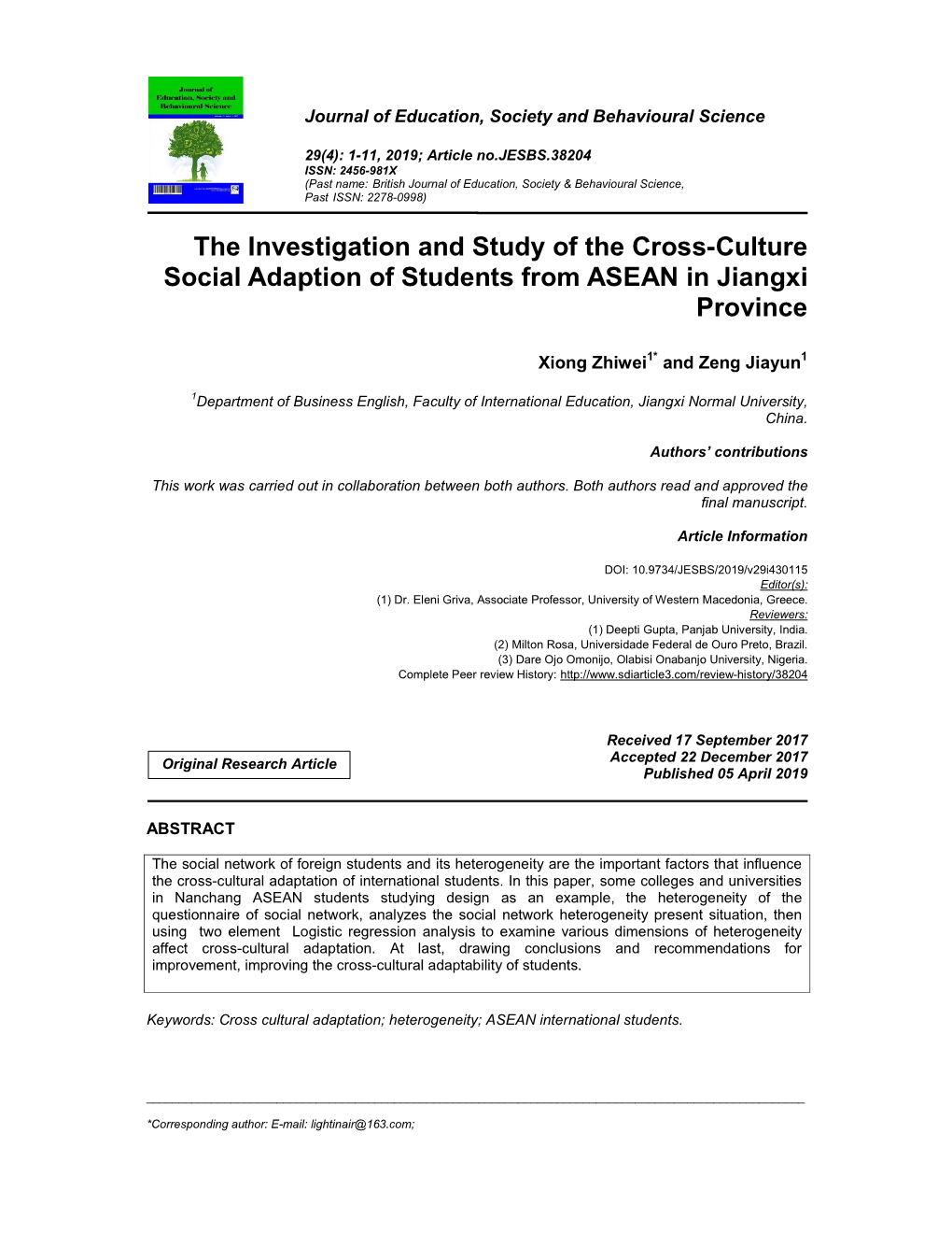 The Investigation and Study of the Cross-Culture Social Adaption of Students from ASEAN in Jiangxi Province