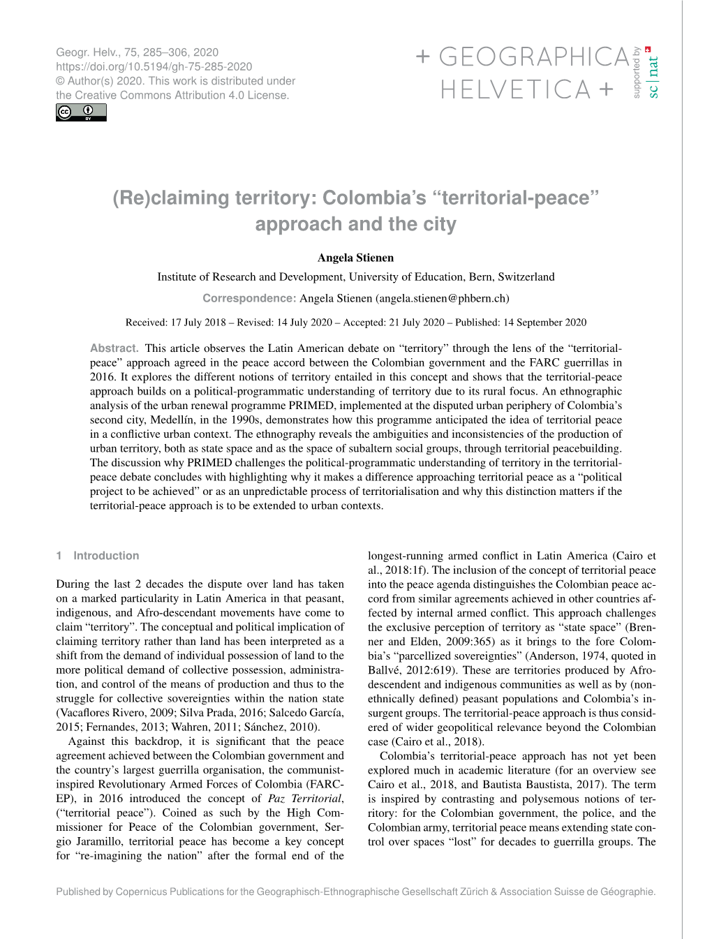 Colombia's “Territorial-Peace” Approach and the City