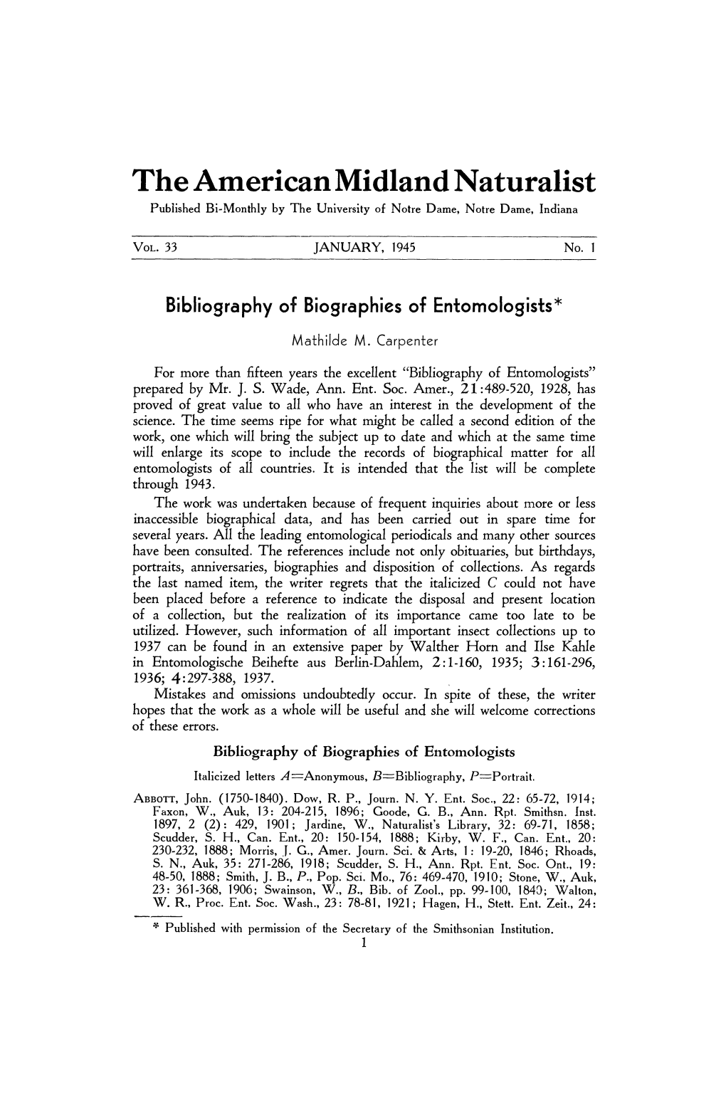 Bibliography of Biographies of Entomologists Italicizedletters A-Anonymous, B=Bibliography, P=Portrait