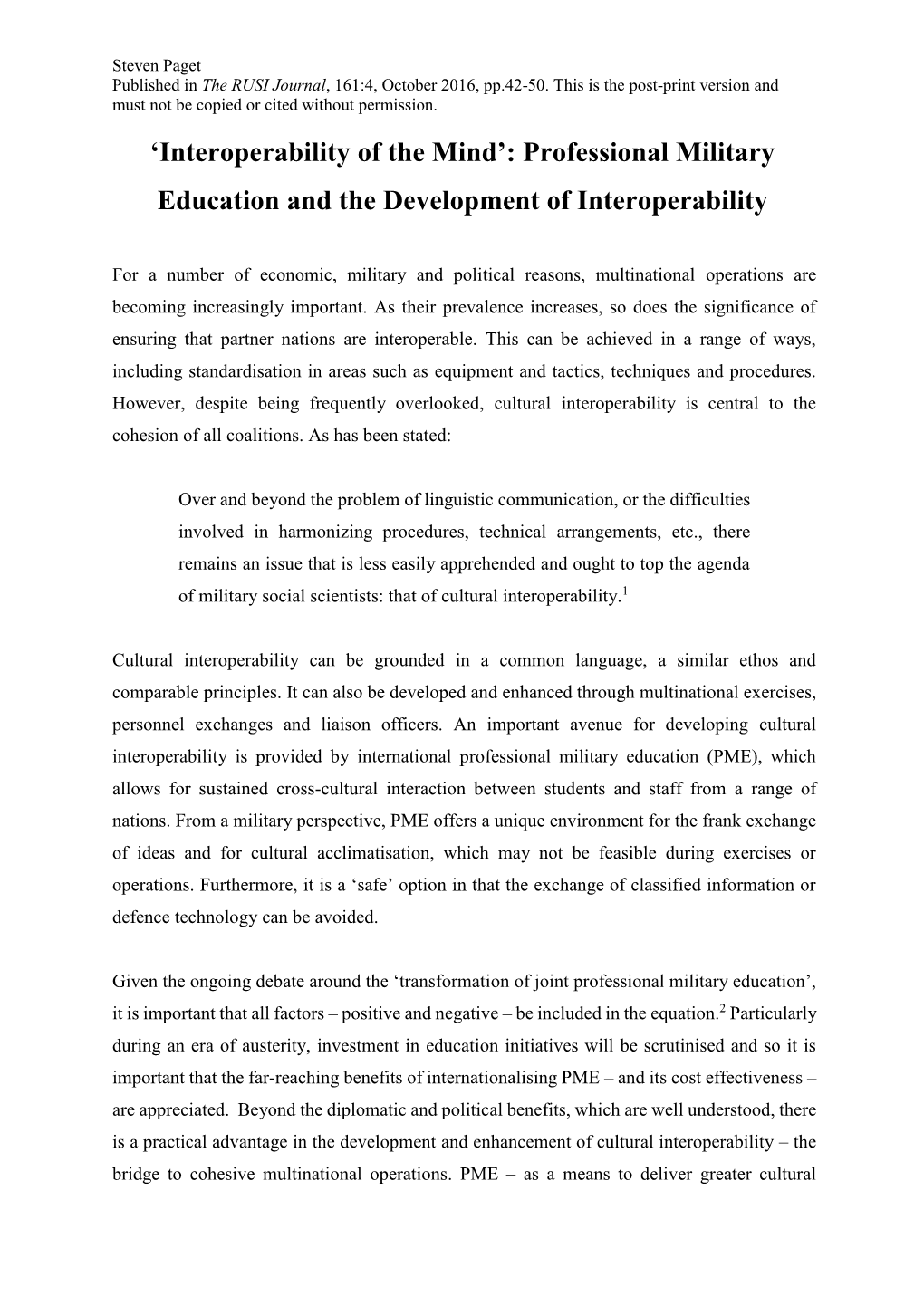 Professional Military Education and the Development of Interoperability