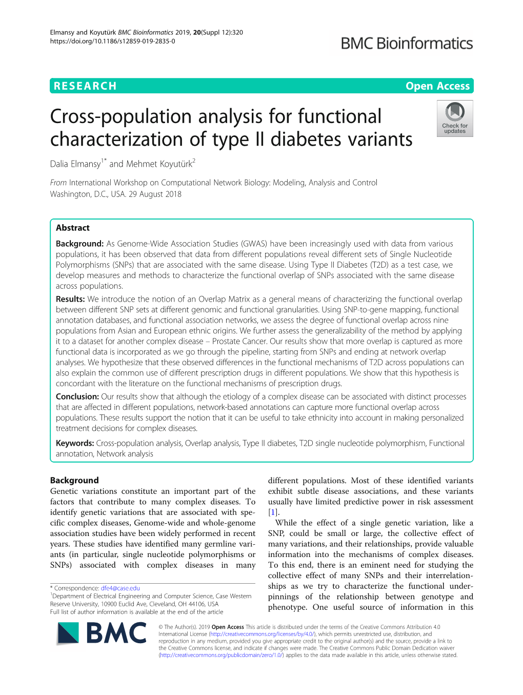 Cross-Population Analysis for Functional Characterization of Type II Diabetes Variants Dalia Elmansy1* and Mehmet Koyutürk2