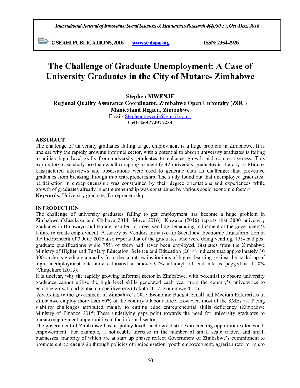 The Challenge of Graduate Unemployment: a Case of University Graduates in the City of Mutare- Zimbabwe