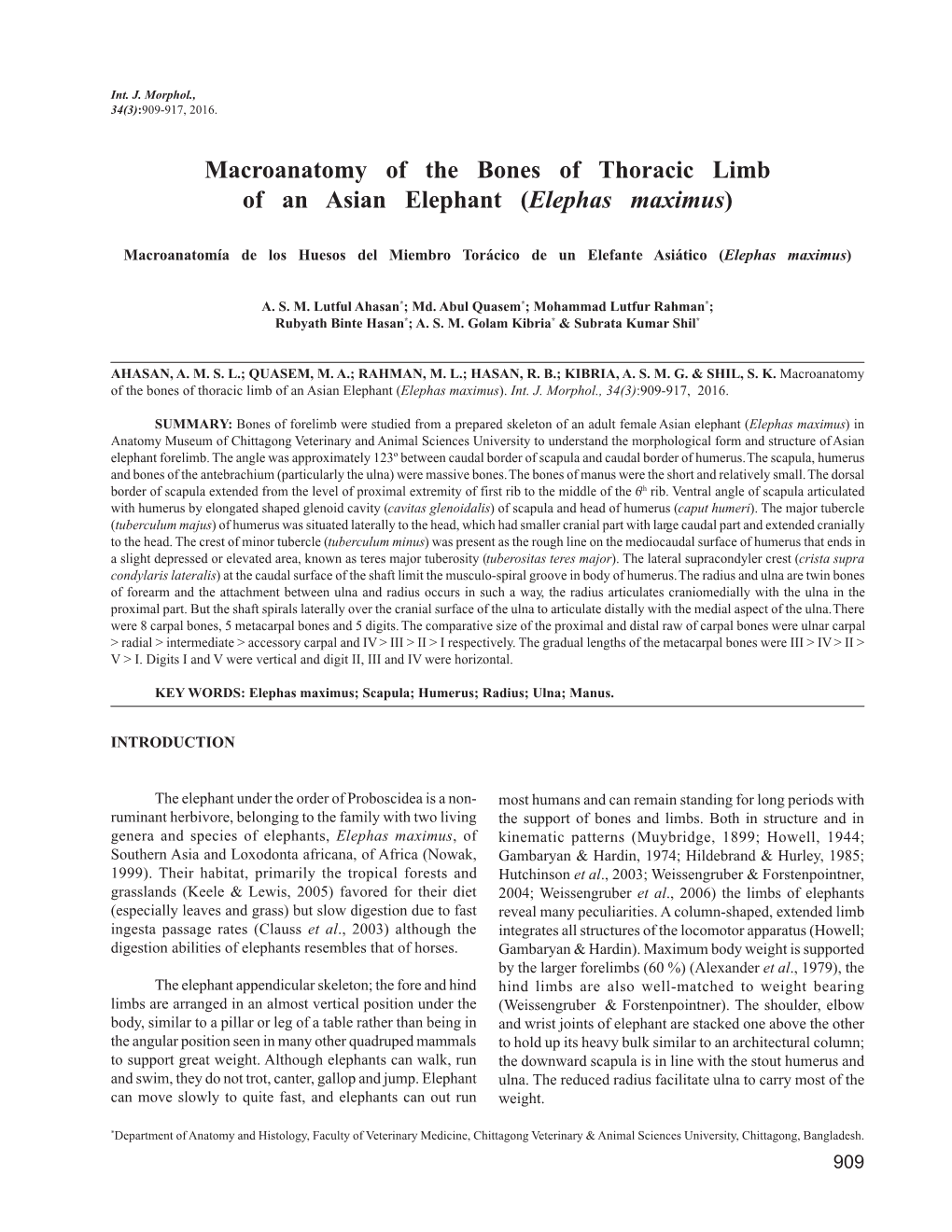 Macroanatomy of the Bones of Thoracic Limb of an Asian Elephant (Elephas Maximus)