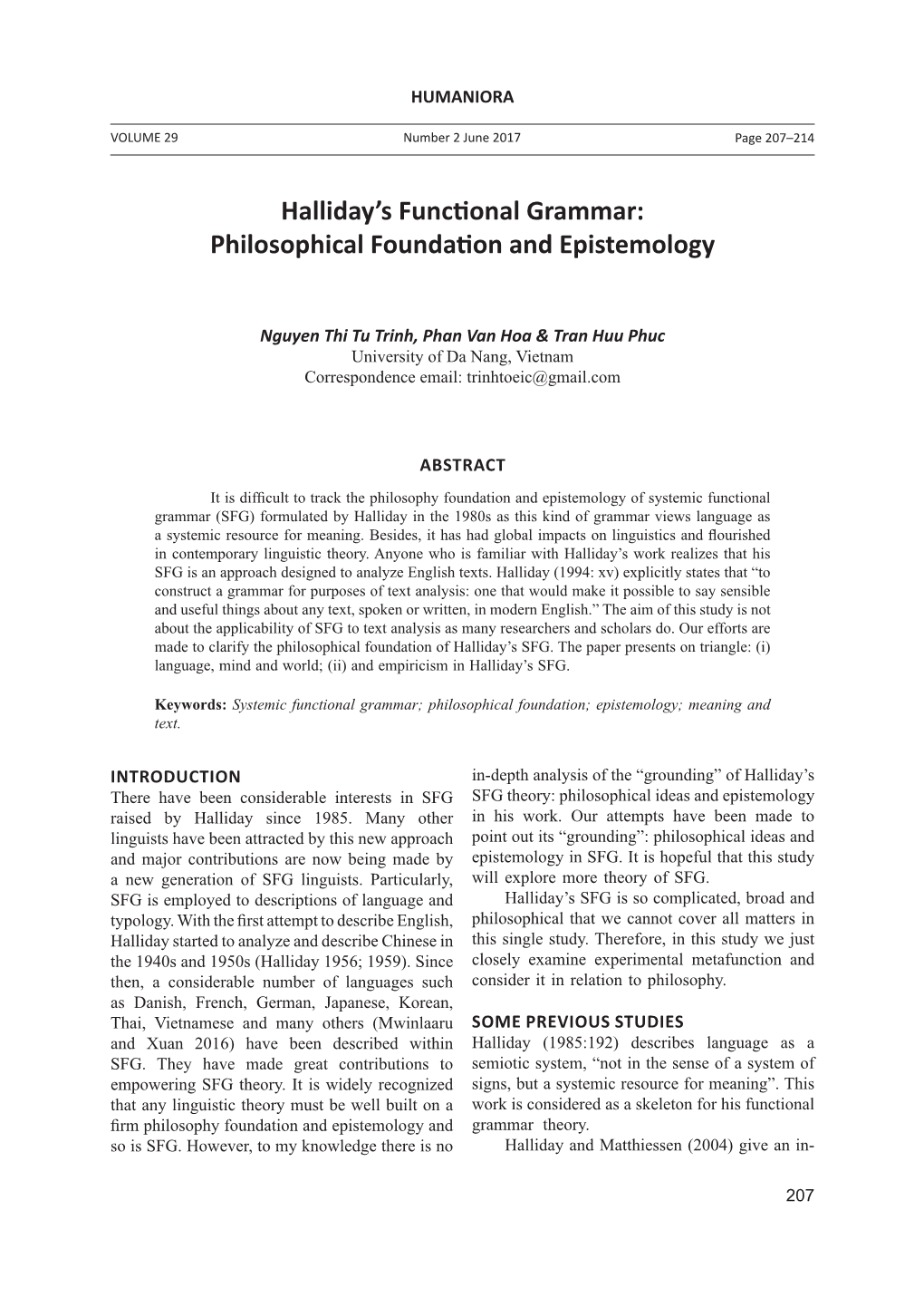 Halliday's Functional Grammar: Philosophical Foundation and Epistemology