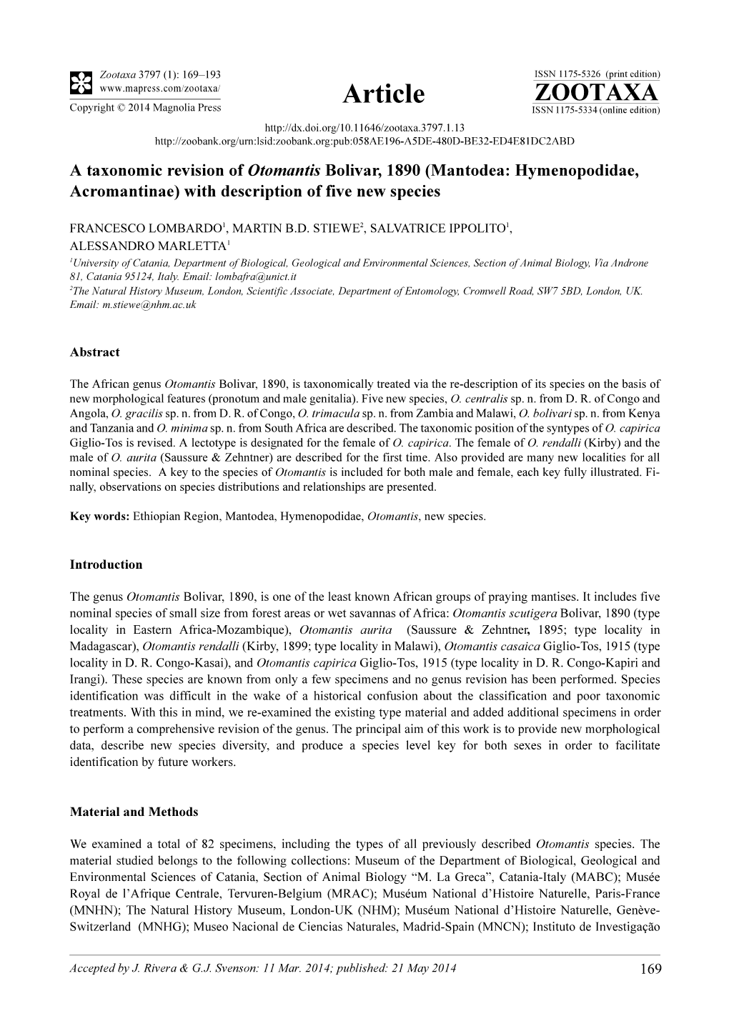 A Taxonomic Revision of Otomantis Bolivar, 1890 (Mantodea: Hymenopodidae, Acromantinae) with Description of Five New Species