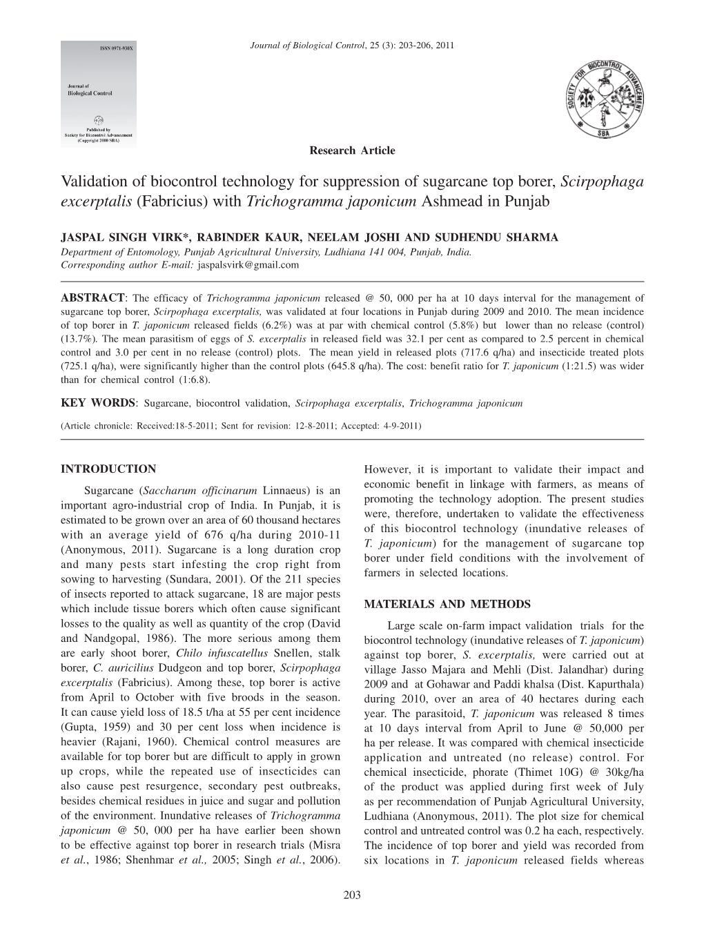 Validation of Biocontrol Technology for Suppression of Sugarcane Top Borer, Scirpophaga Excerptalis (Fabricius) with Trichogramma Japonicum Ashmead in Punjab